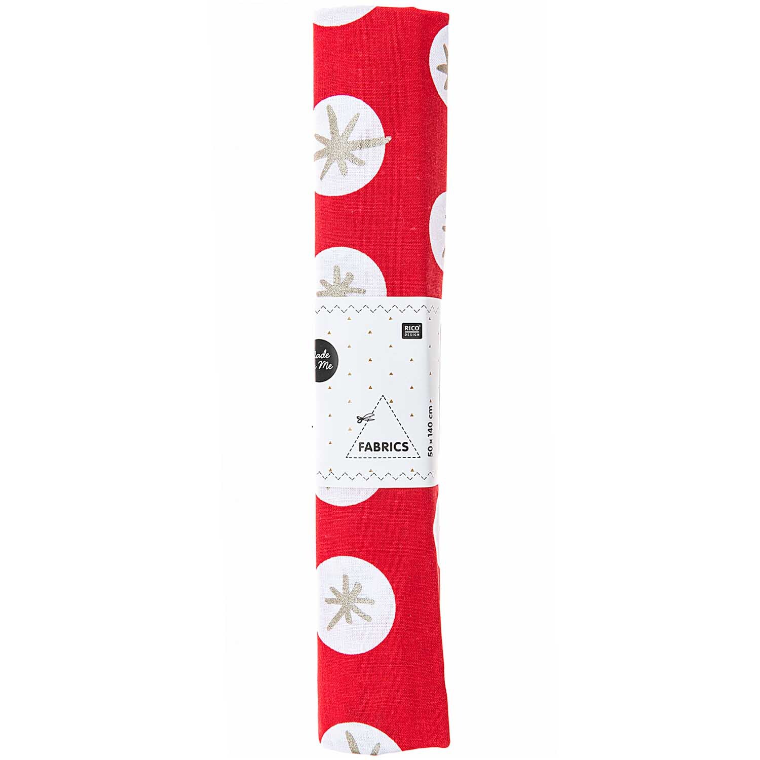 Druckstoff Schneeflocken rot-gold 50x140cm von Rico Design: Roter Stoff mit goldenen Schneeflockenmotiven, ideal für festliche Dekorationen.