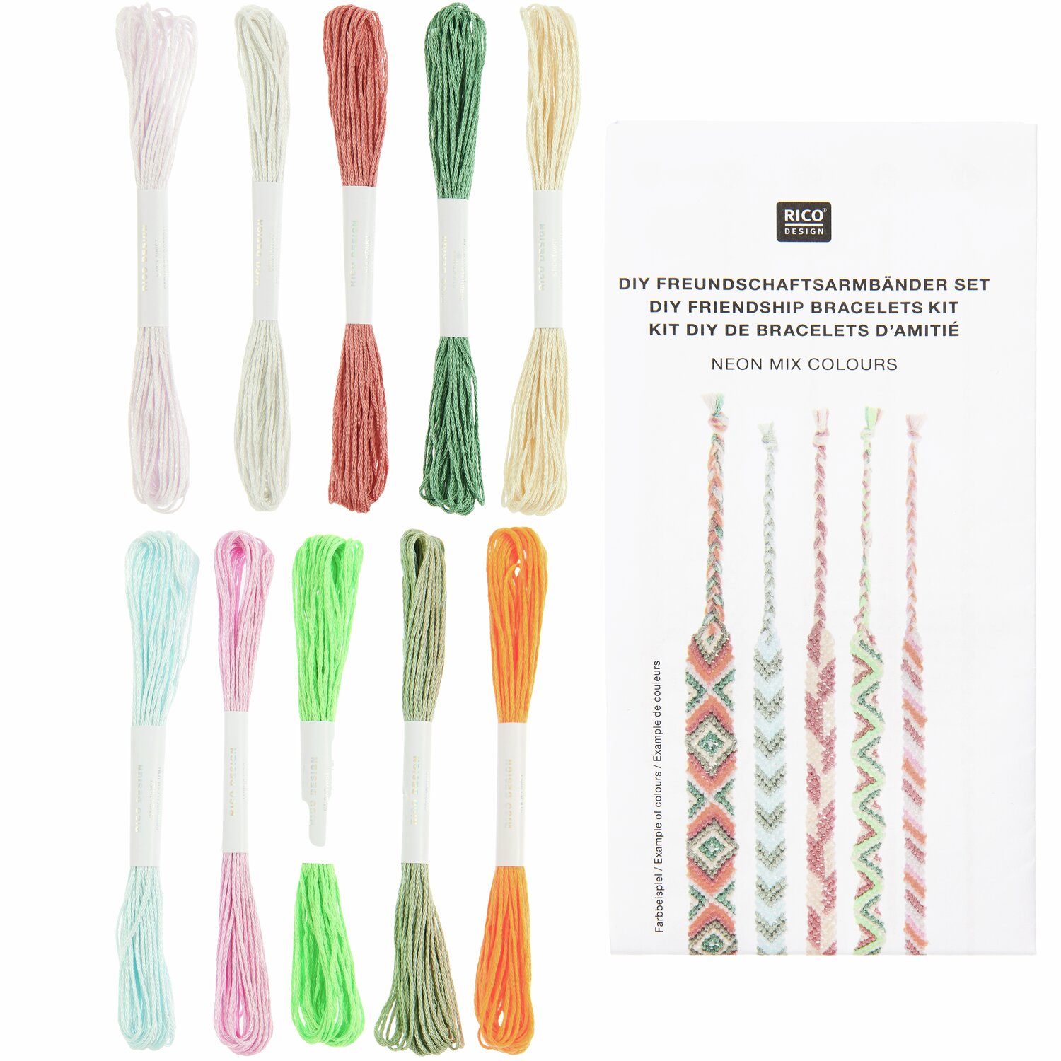 DIY Freundschaftsarmbänder Set Neon Mix Colours mit bunten Fäden in verschiedenen Neonfarben, ideal für kreative Bastelprojekte.