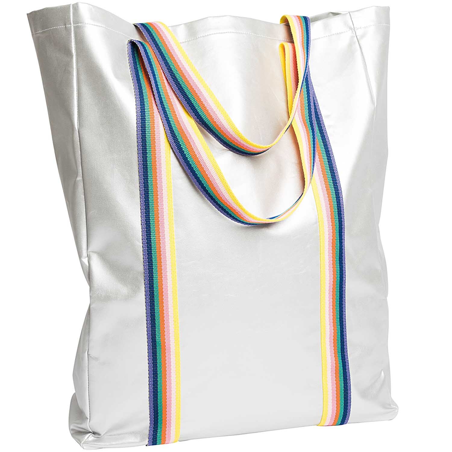 Gurtband gestreift 40mm 2m: Weiße Tasche mit bunten Streifen, ideal für stilvolle Aufbewahrung.