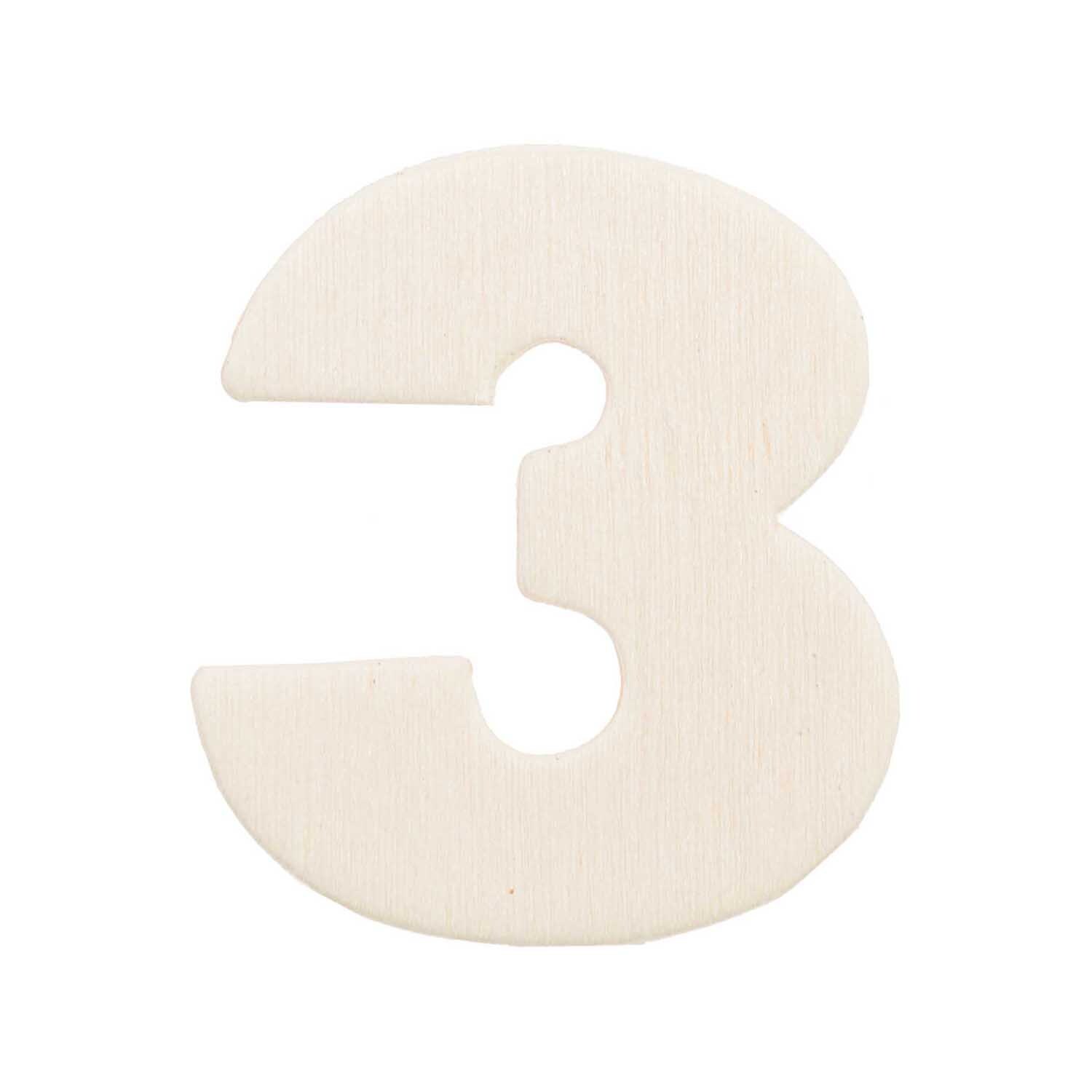 Zahlen & Zeichen aus Holz 3,3cm: Eine weiße, hölzerne Zahl 3 von Rico Design auf weißem Hintergrund.