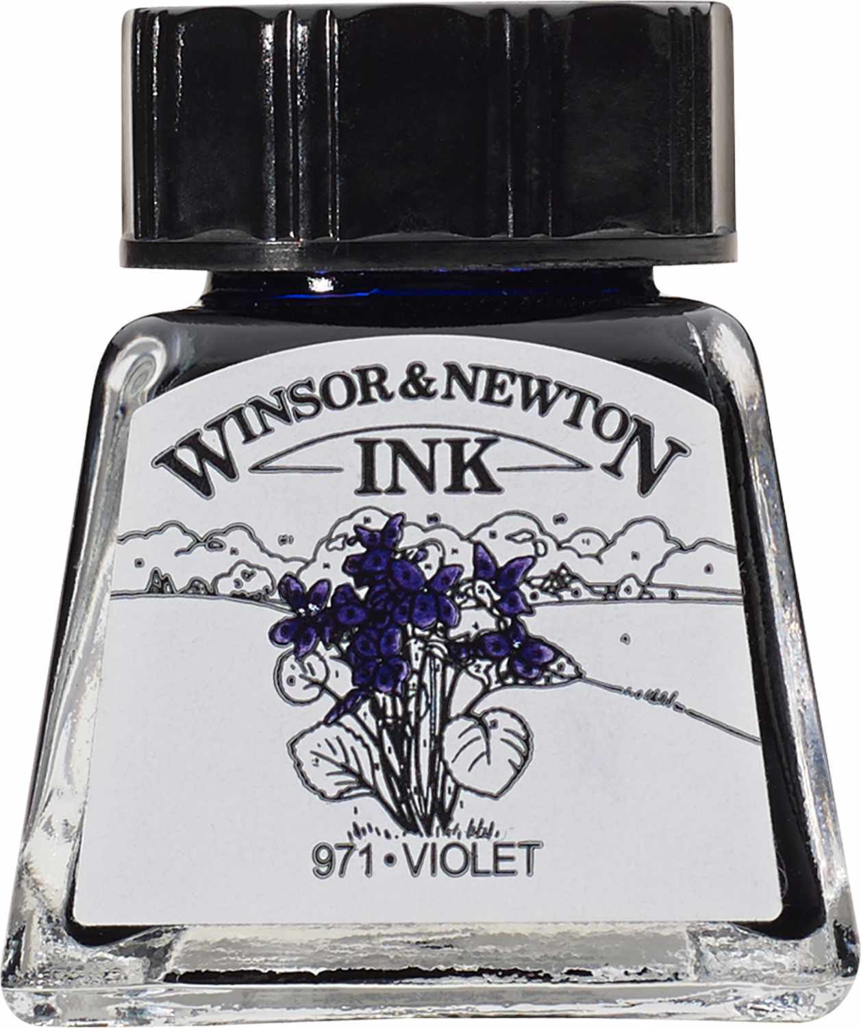Zeichentusche 14ml von Winsor & Newton in einem Glasfläschchen mit violettem Etikett und Blumenmotiv.