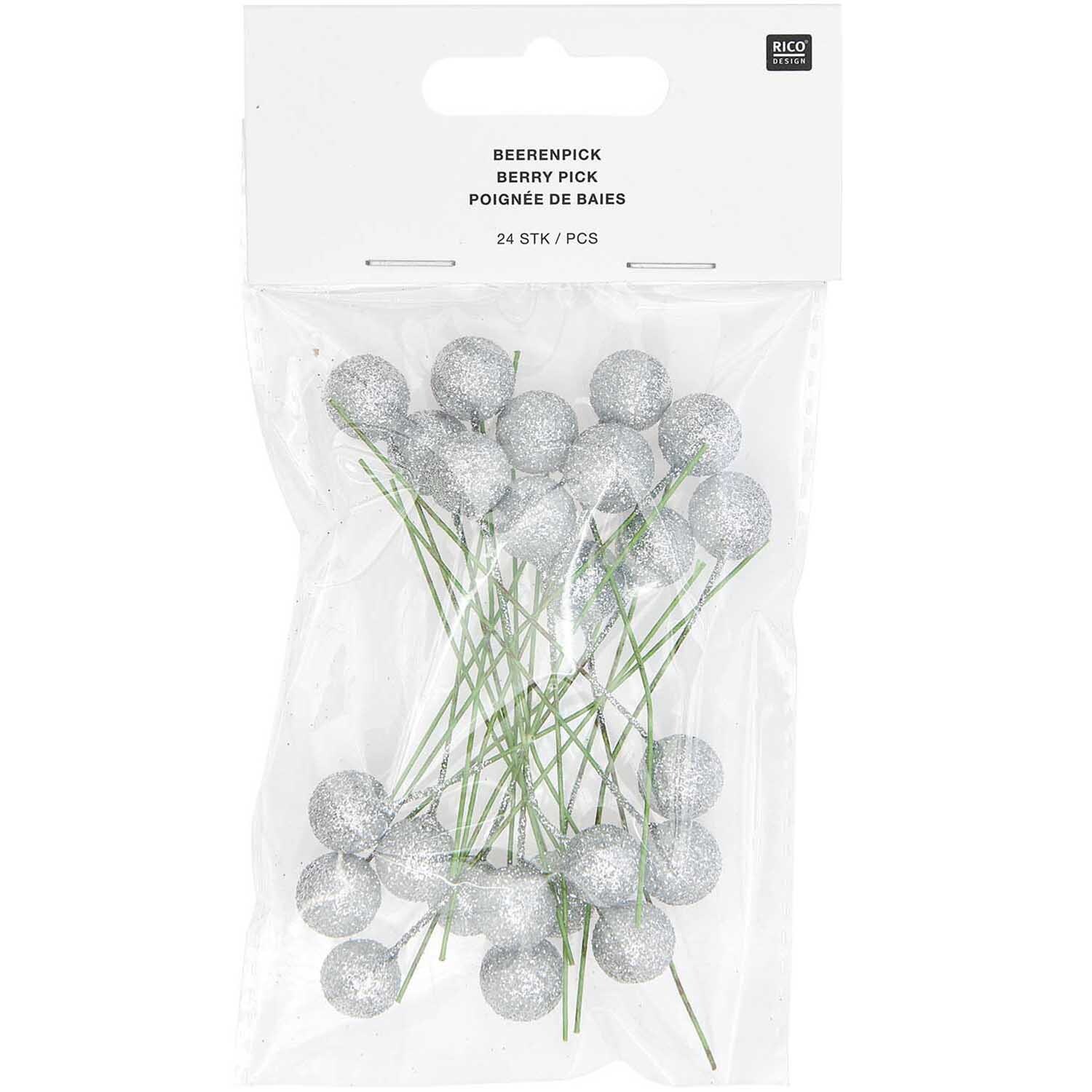Beerenpick mit Glitzer, 24 Stück, in Silber von Rico Design. Dekorative Beeren mit Glanz.