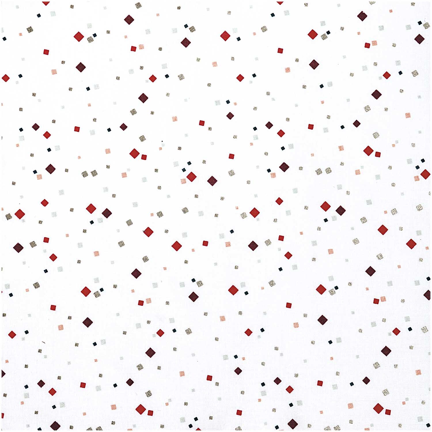 Druckstoff Konfetti weiß-gold 140cm von Rico Design zeigt ein Muster aus bunten Quadraten auf weißem Hintergrund. Ideal für kreative Projekte.