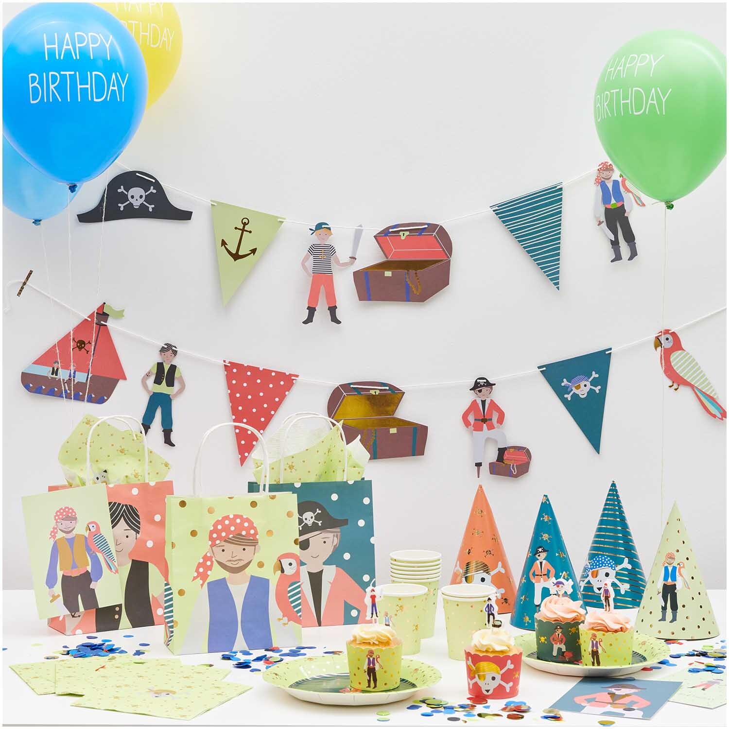 Serviette Pirat 33x33cm 20 Stück: Bunte Partydekoration mit Piratenmotiven, Luftballons und Girlanden. Ideal für Kindergeburtstage.