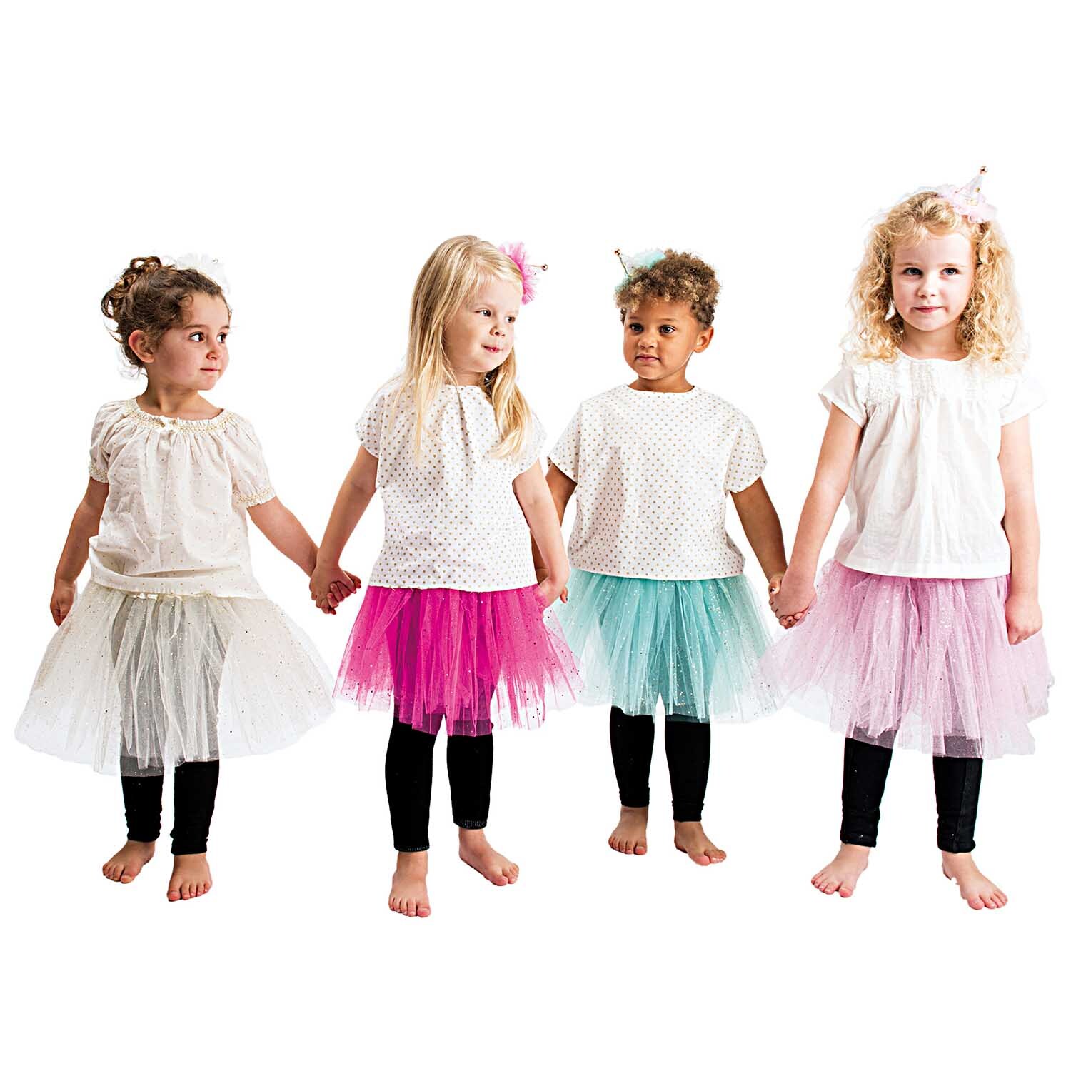 Tutu mit Glitzer Größe 92/116: Vier Kinder tragen bunte Tüllröcke in Pink und anderen Farben. Ideal für kreative Outfits.