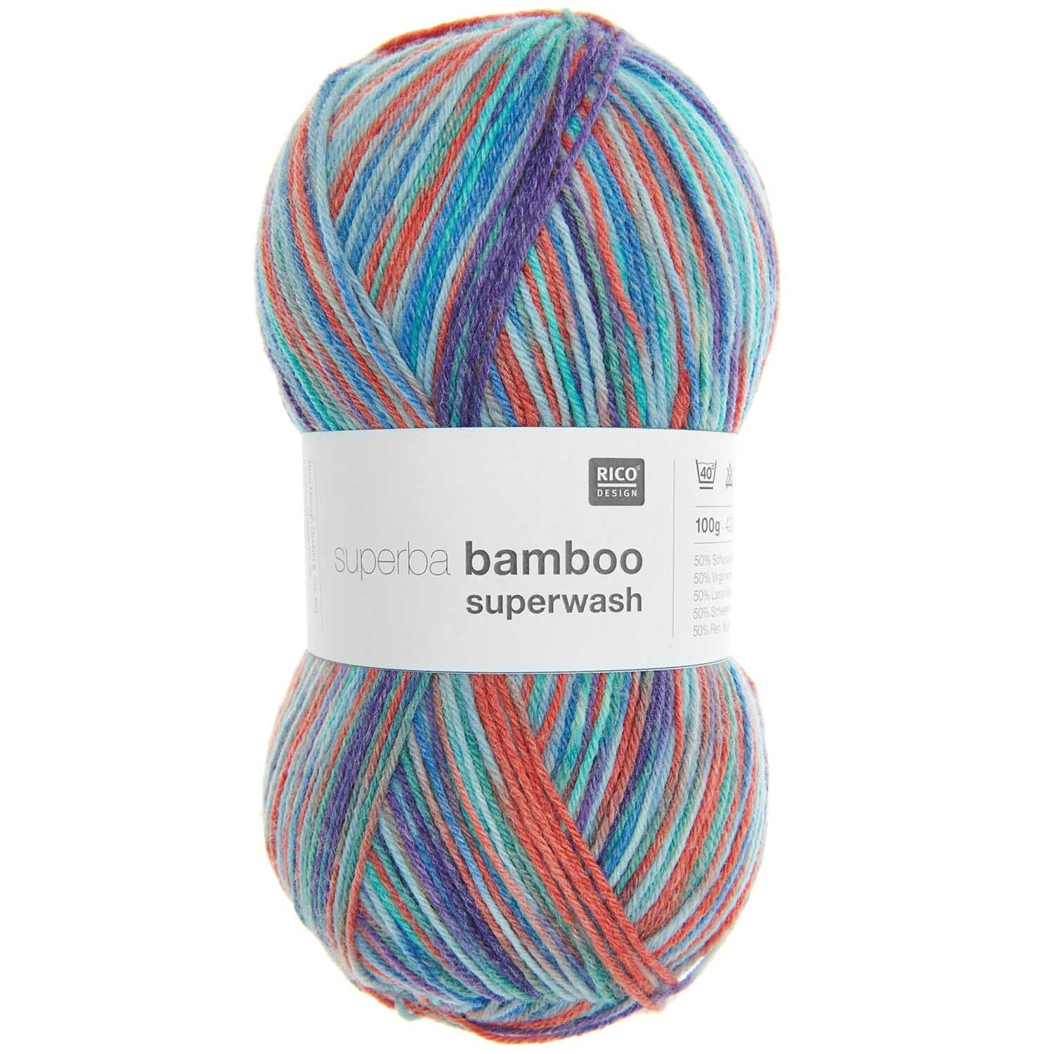 Superba Bamboo superwash: Bunte Wolle von Rico Design, 100g, 420m, ideal für Strickprojekte.
