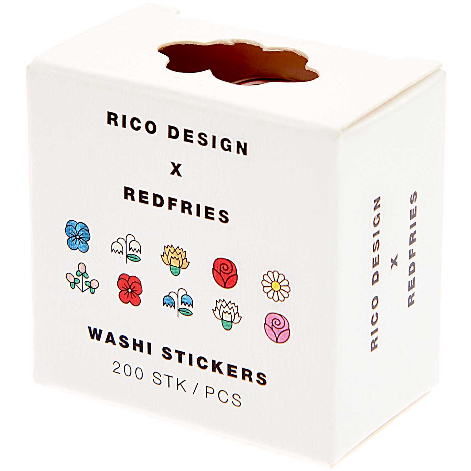 Rico Design x Redfries Washi Sticker Eye Candy: Weiße Box mit bunten Blumenstickern, 200 Stück.