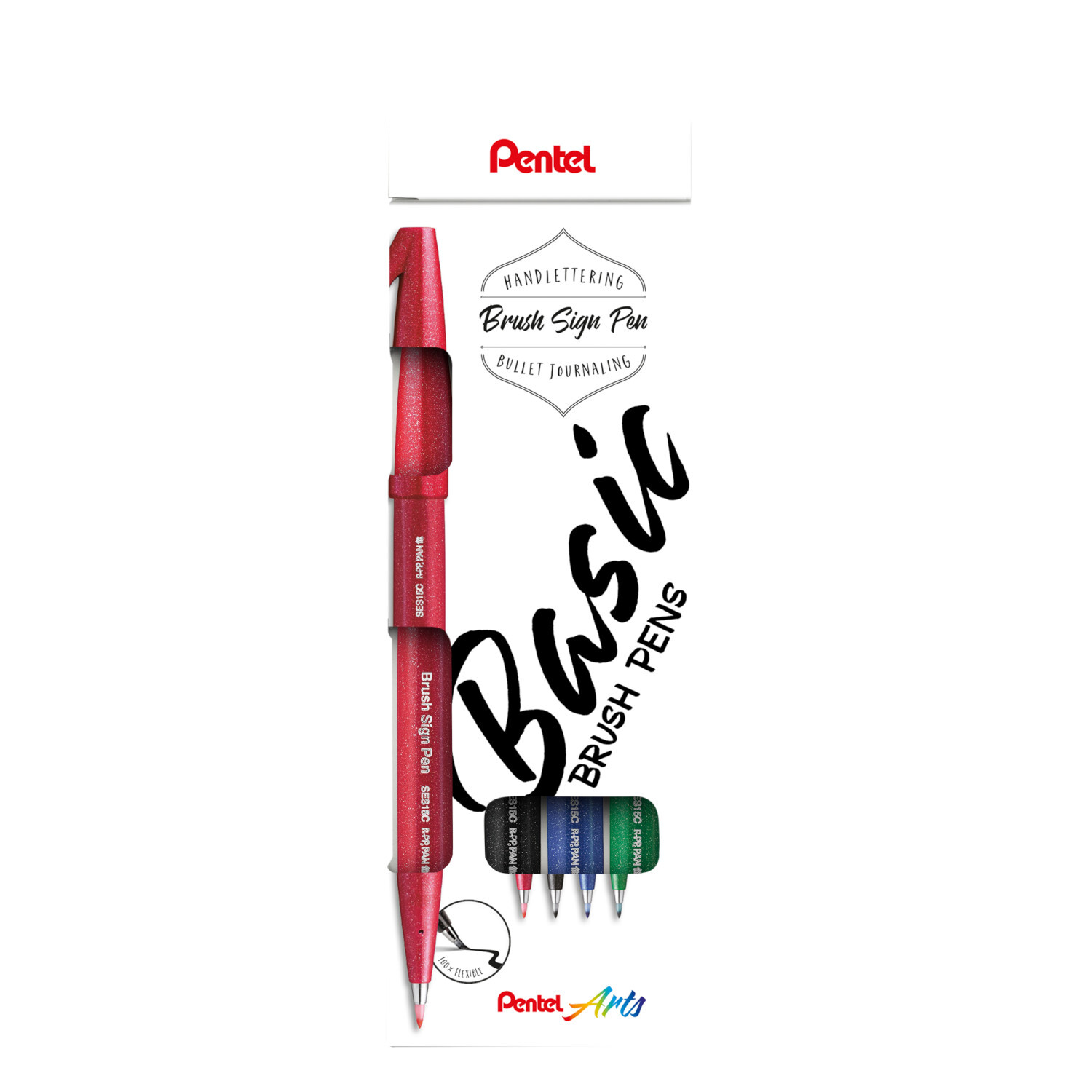 Kalligrafiestift Brush Sign Pen Set Basic, 4-teilig, von Pentel, in verschiedenen Farben, ideal für Handlettering.