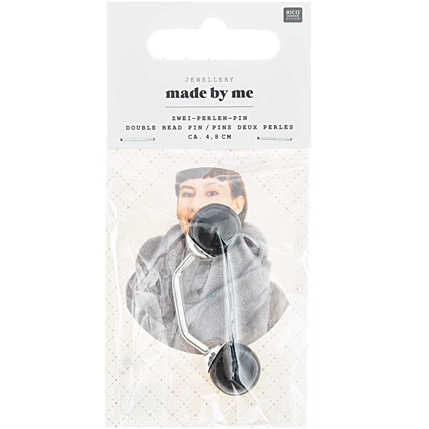 Zwei-Perlen-Pin 48mm von Rico Design in Schwarz, präsentiert in einer transparenten Verpackung.