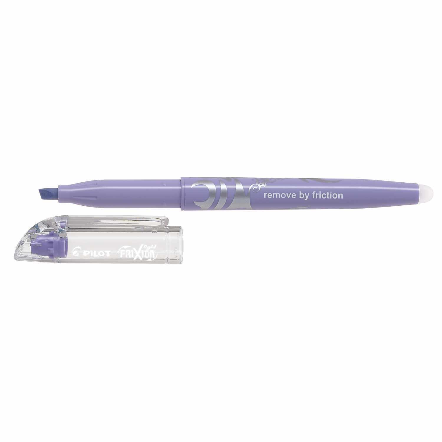 Frixion Light Soft Textmarker in Violett von PILOT, mit abnehmbarem Deckel, liegt auf weißem Hintergrund.