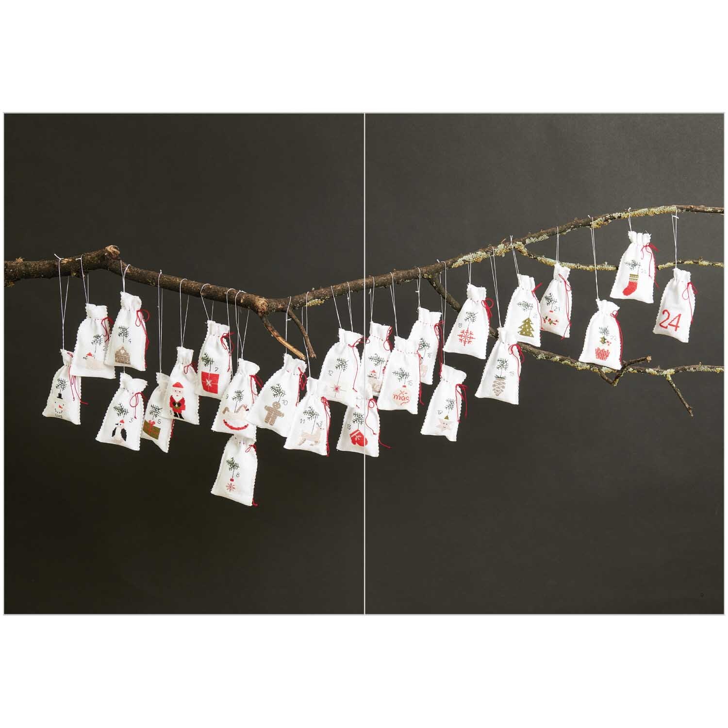 Stickbuch I love Christmas Nr. 180: Adventskalender aus weißen Beuteln an einem Ast hängend, von Rico Design.