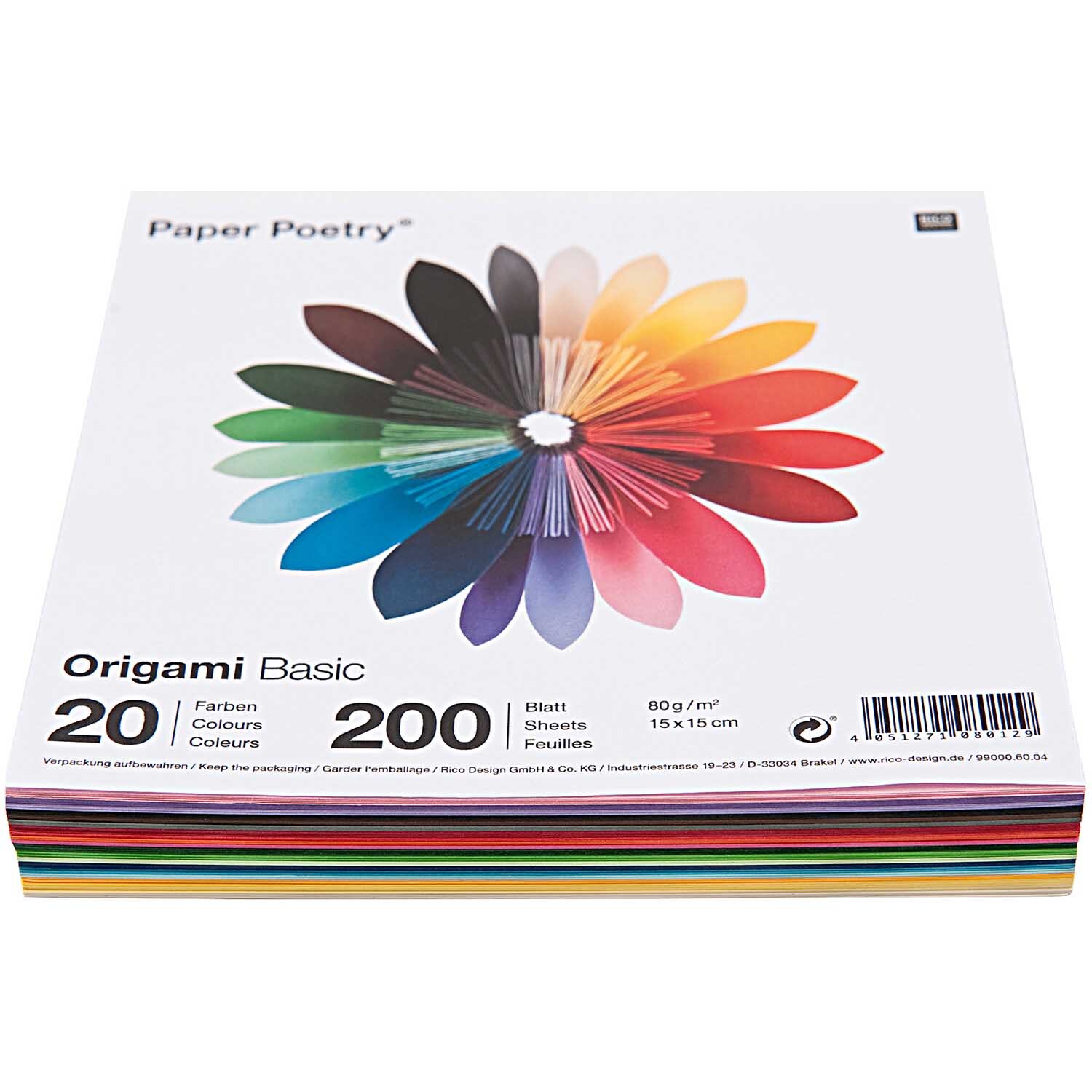 Paper Poetry Origami basic: Stapel bunter Origami-Papiere in 20 Farben, 15x15 cm, von Rico Design.