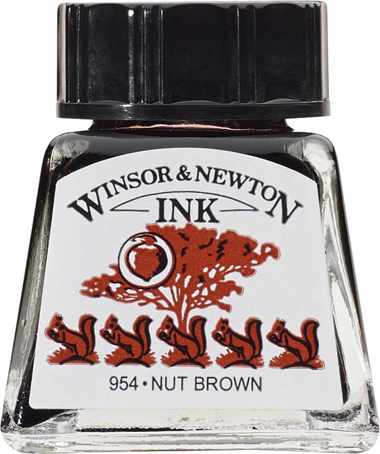Zeichentusche 14ml von Winsor & Newton in einem Glasfläschchen mit Eichhörnchen-Design.