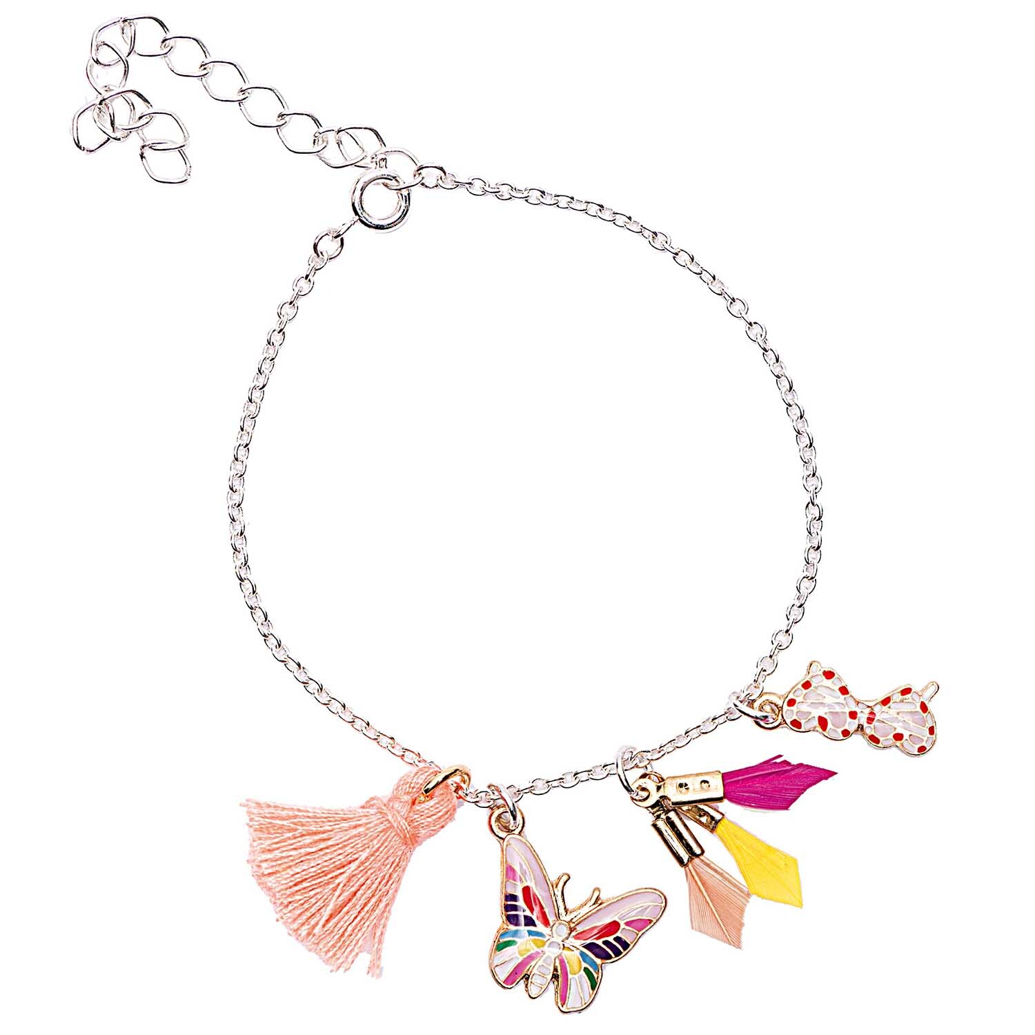 Anhänger Quasten Mix ocker 5 Stück: Silbernes Armband mit bunten Quasten und Anhängern von Rico Design.