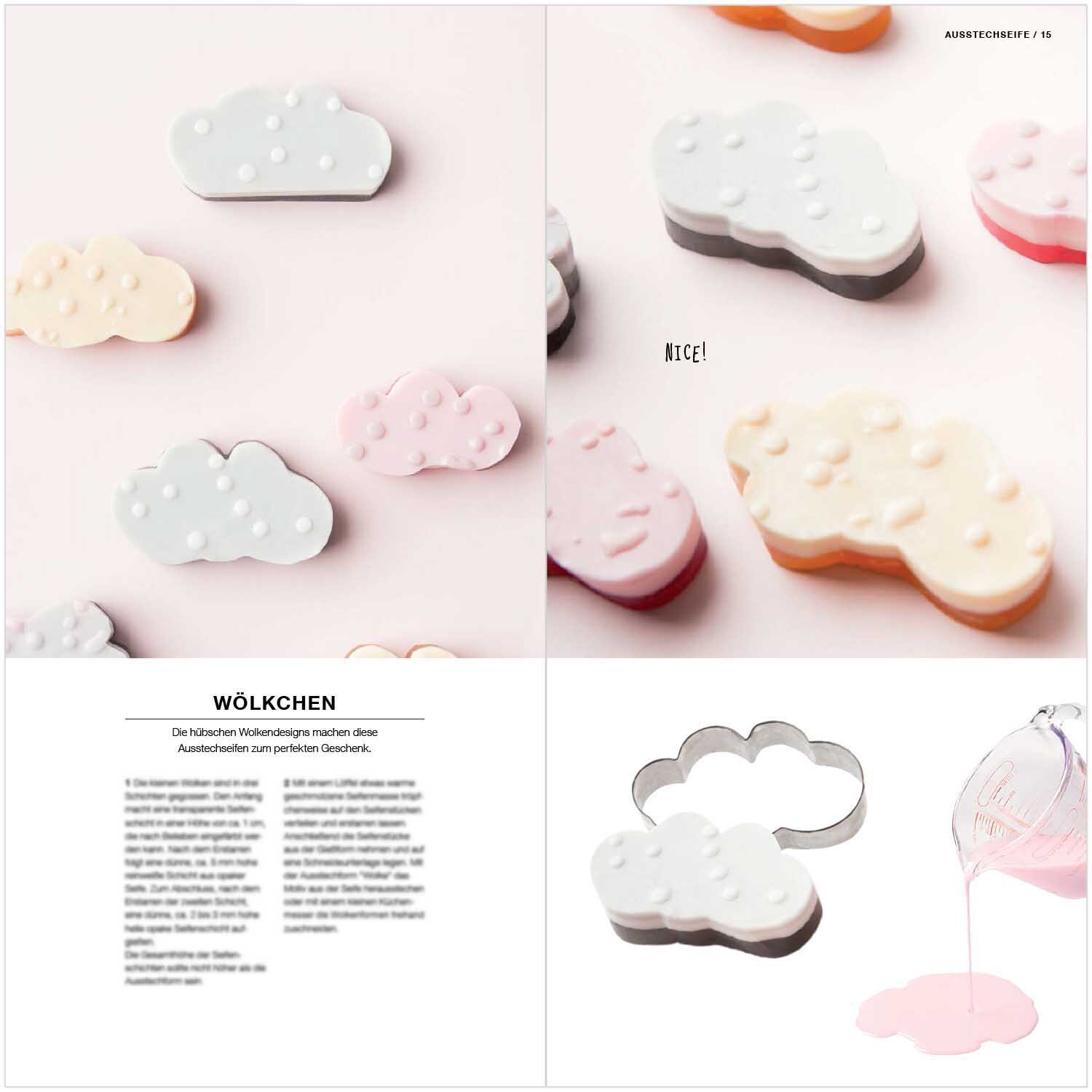 Made by Me Anleitungsheft Soap Hygge zeigt pastellfarbene Wolken-Seifen von Rico Design.