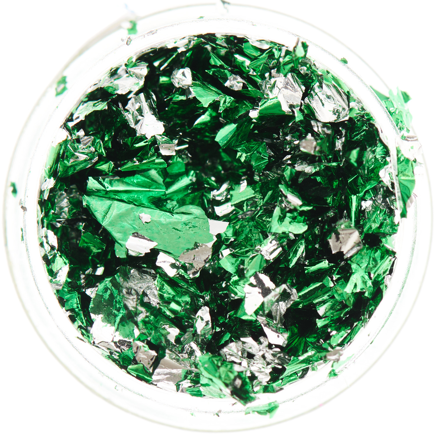 Blattmetall für Resin in Silber und Grün von Rico Design, 5ml. Nahaufnahme von glänzenden Metallblättern in einem Behälter.