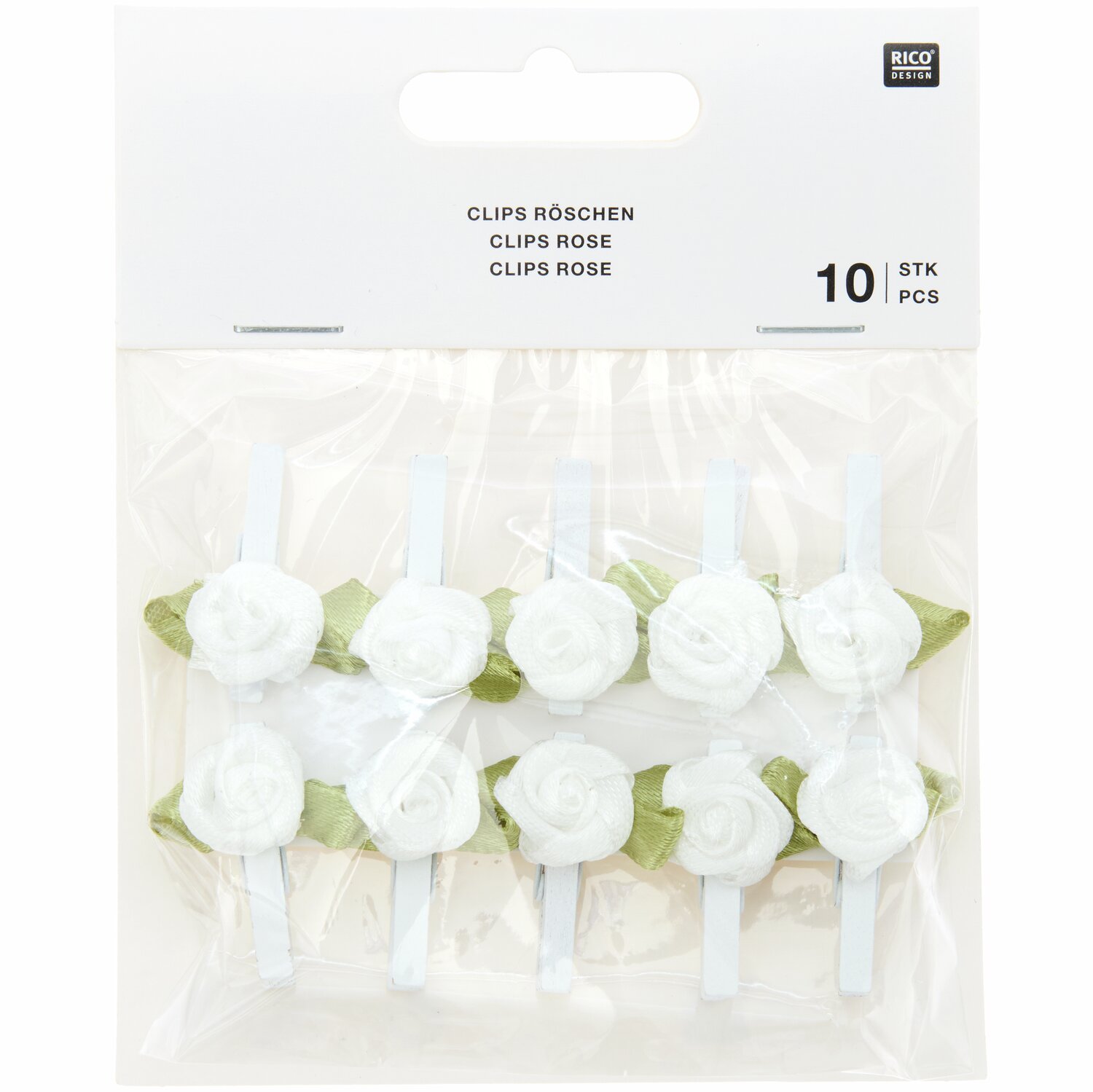 Röschen auf Klammer, 2,5x3cm, 10 Stück, von Rico Design. Weiße Clips in Rosenform, ideal für Dekorationen.