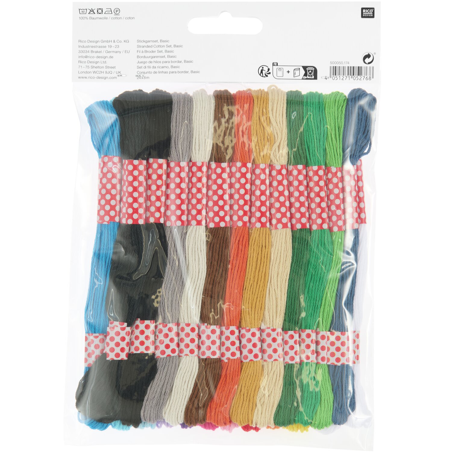 Stickgarn Set Basic, 24-teilig von Rico Design. Mehrfarbige Stickgarne in einer transparenten Verpackung. Ideal für kreative Nähprojekte.
