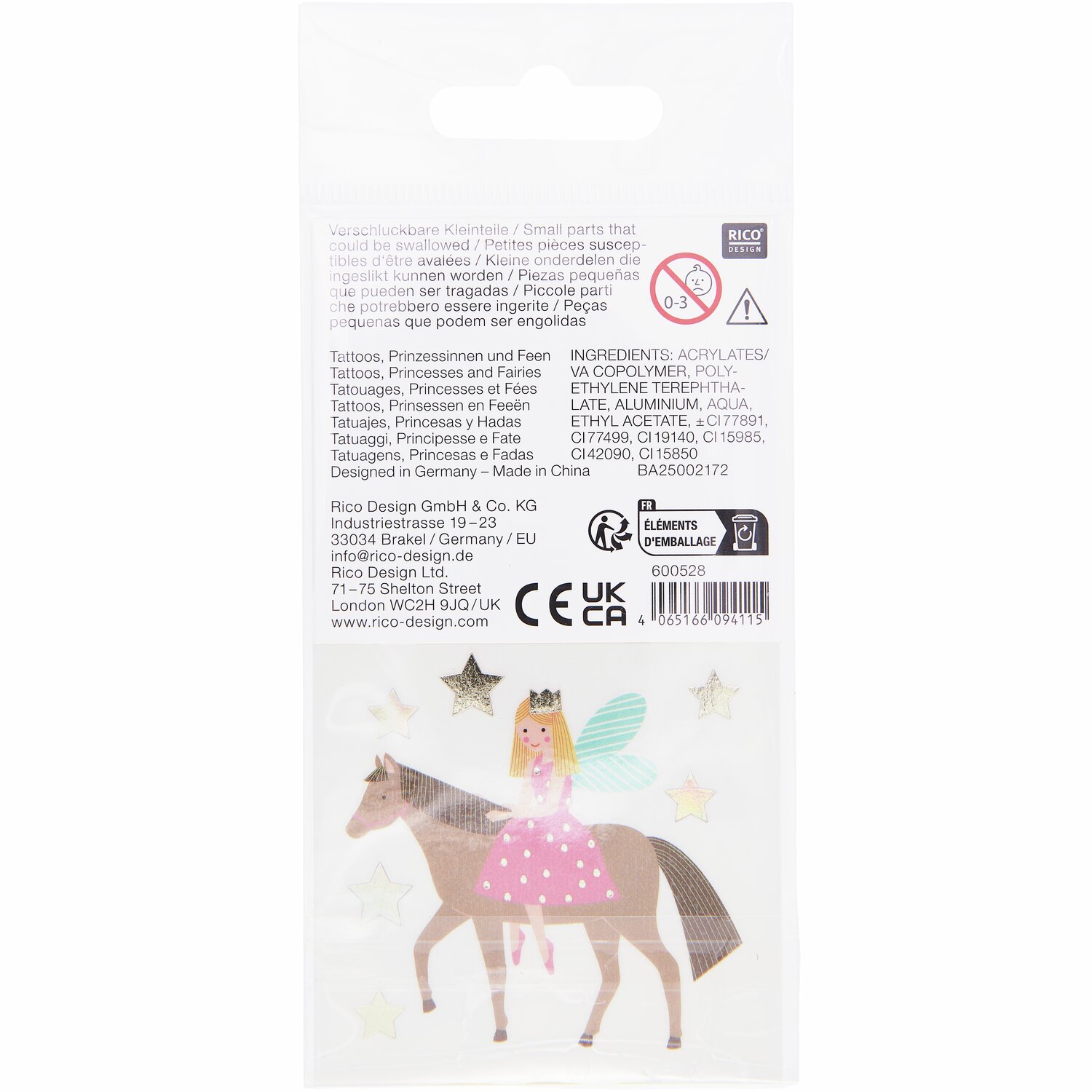 Tattoos Prinzessinnen und Feen, 26-teilig. Enthält bunte Motive von Feen und Prinzessinnen auf Pferden. Ideal für kreative Kinder.