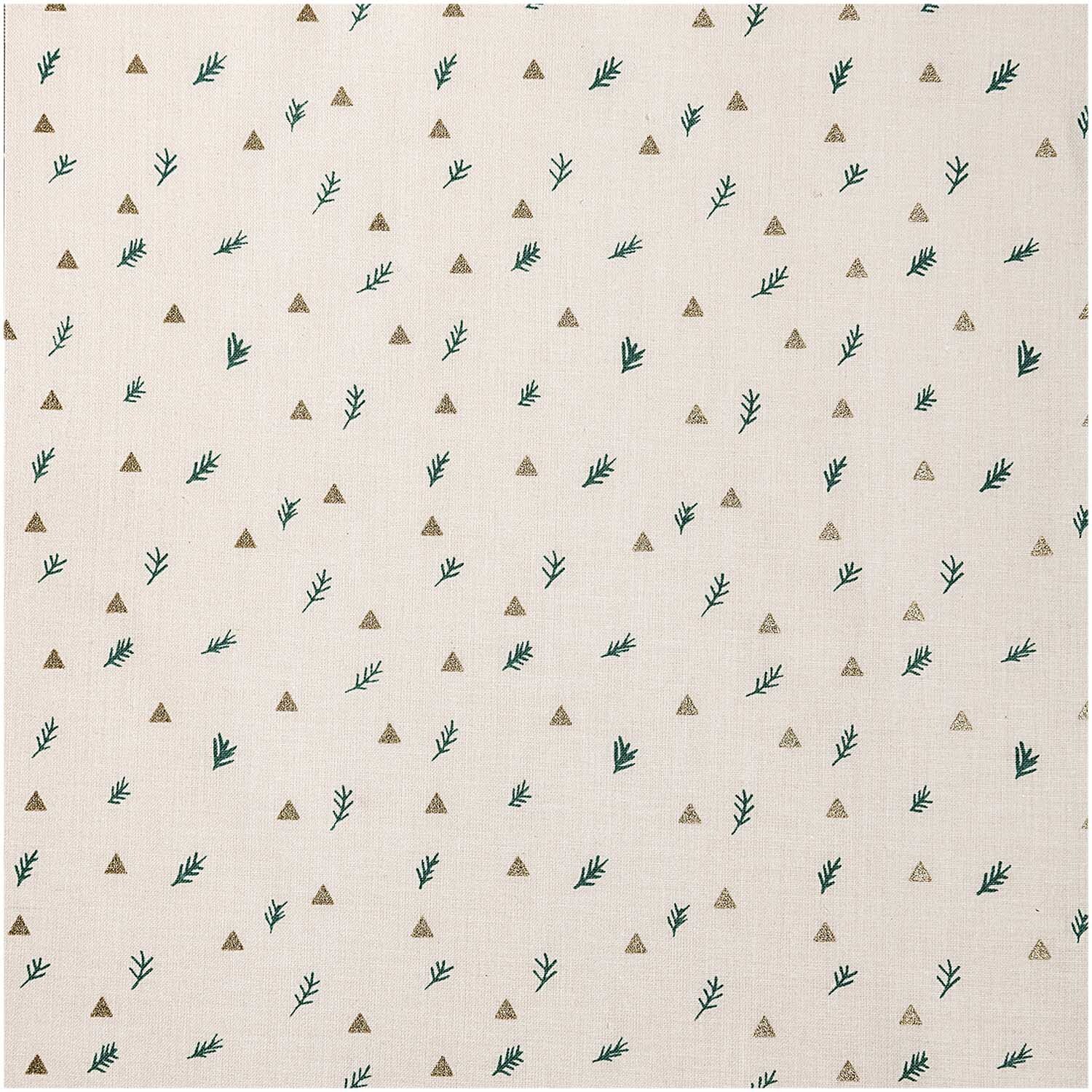 Druckstoff Zweige ecru-gold 50x140cm mit grünem Zweigmuster und goldenen Dreiecken von Rico Design.
