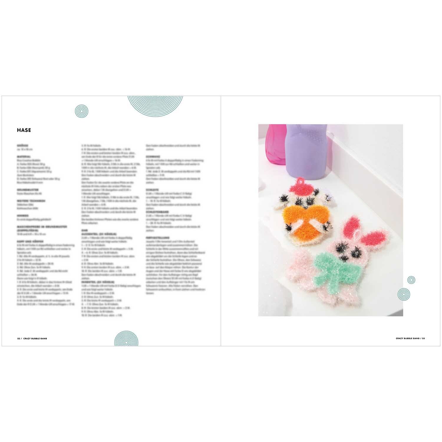 Crazy Bubble Gang: Bunte, gestrickte Tierfiguren von Rico Design auf einem weißen Hintergrund.