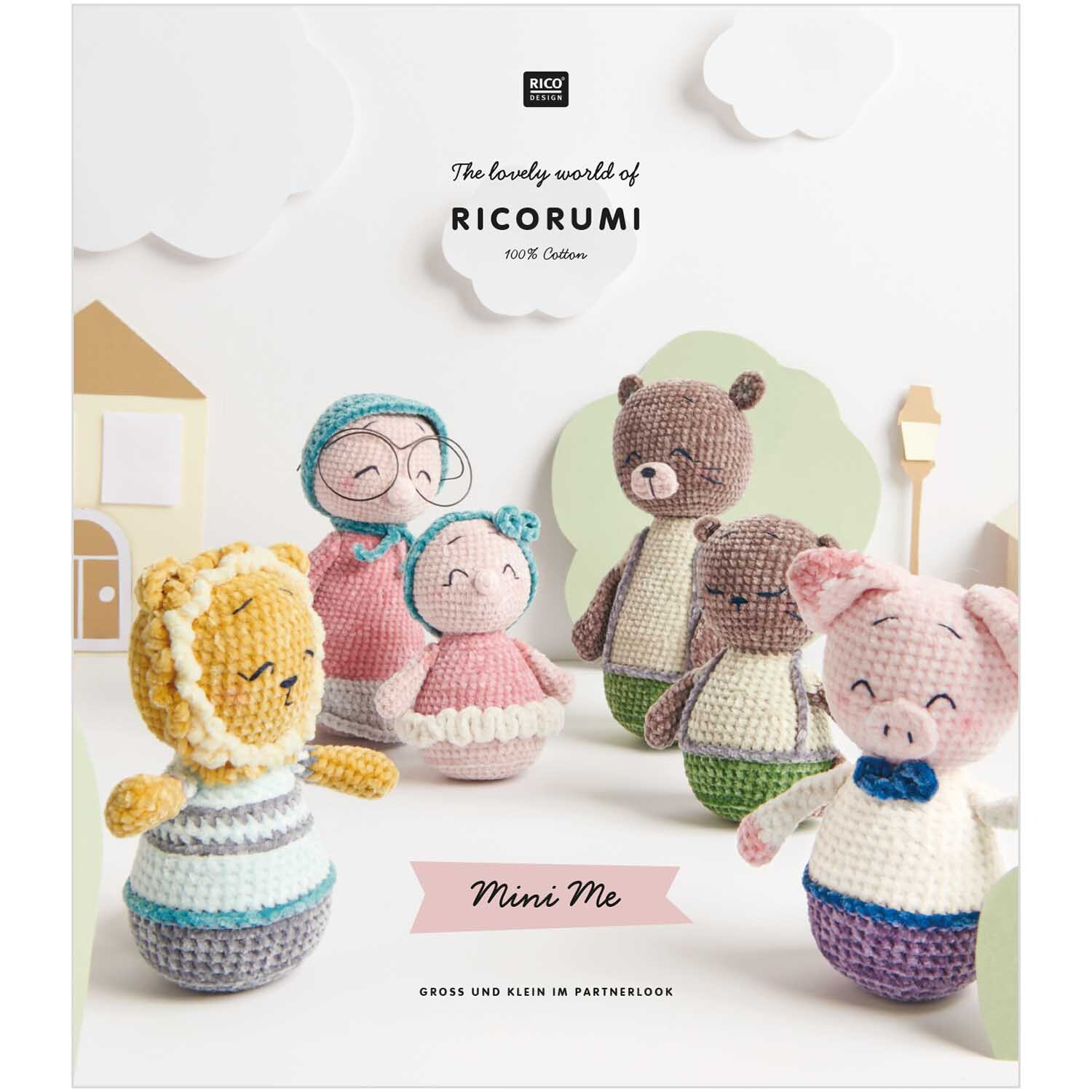 Ricorumi Mini Me deutsch: Häkeltiere in Pastellfarben von Rico Design, darunter Bär, Schwein und Löwe.