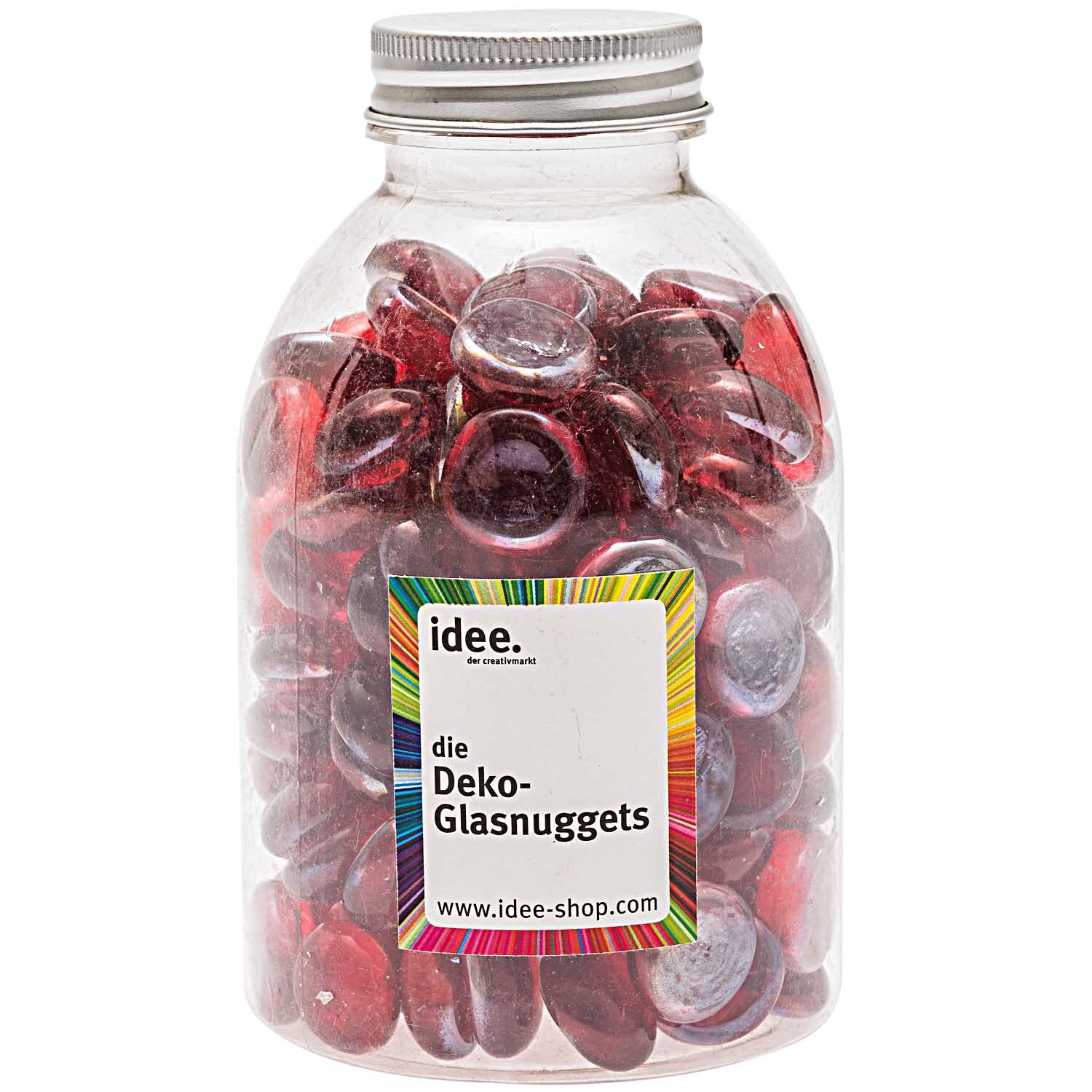 Glasnuggets 700g: Ein Glasbehälter mit rot irisierenden Deko-Glasnuggets von idee. Creativmarkt.