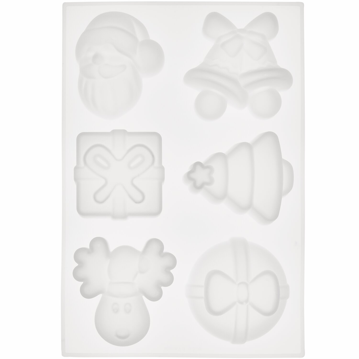 Silikon Gießform Weihnachtsformen: Weiße Form von Rico Design mit sechs weihnachtlichen Motiven wie Baum und Rentier.