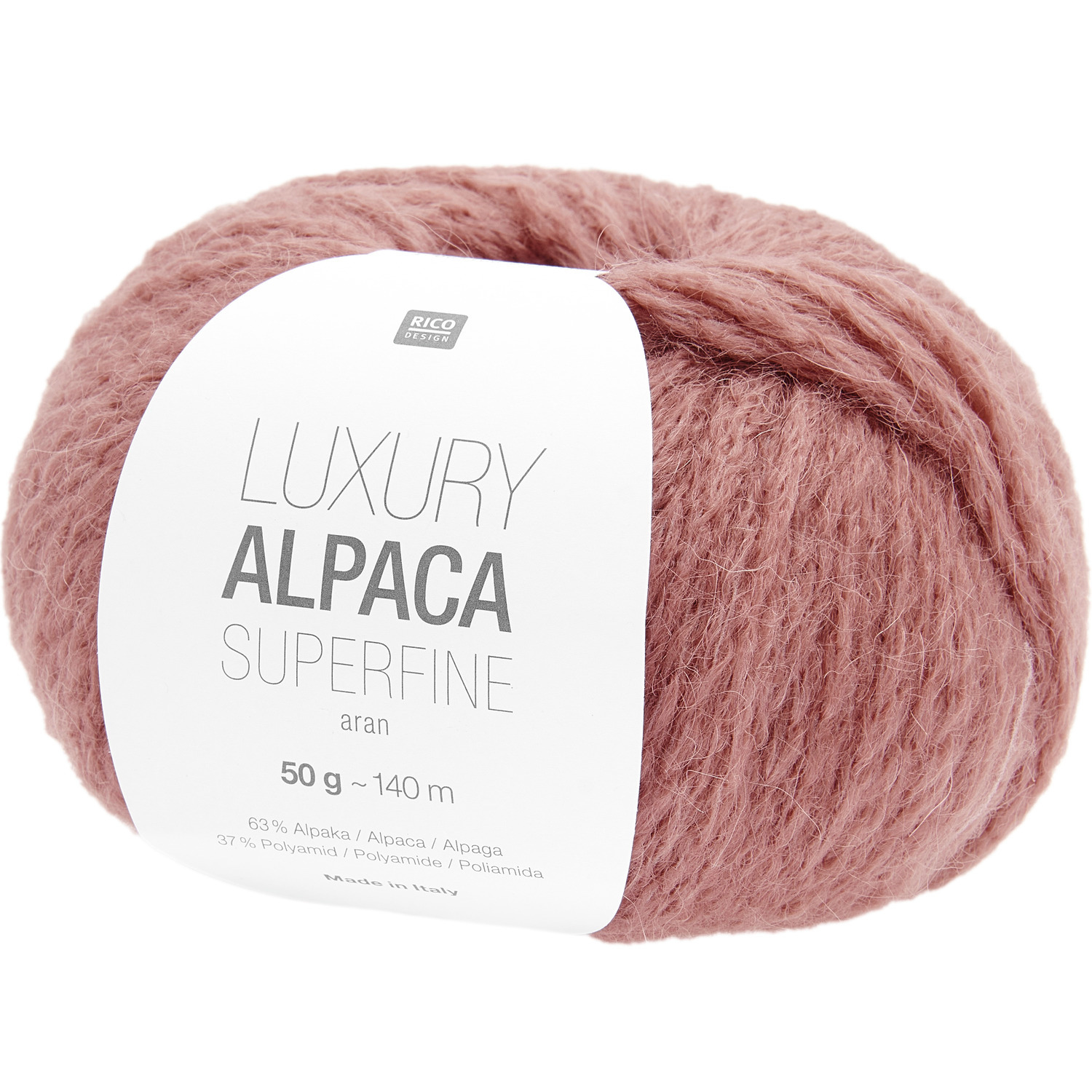 Rico Luxury Alpaca Superfine aran Wolle in Rosenquarz, 50g, 140m, ideal für Strickprojekte.