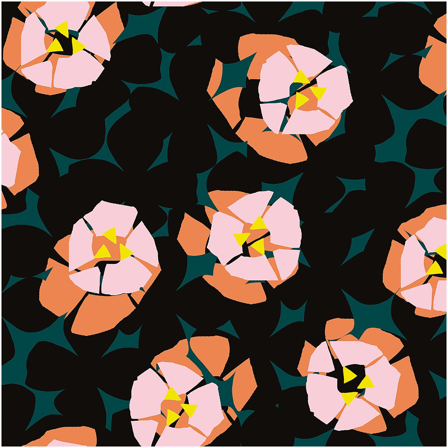 Druckstoff Okina Hana mit floralen Mustern in grün-rosa von Rico Design, zeigt stilisierte Blumen.