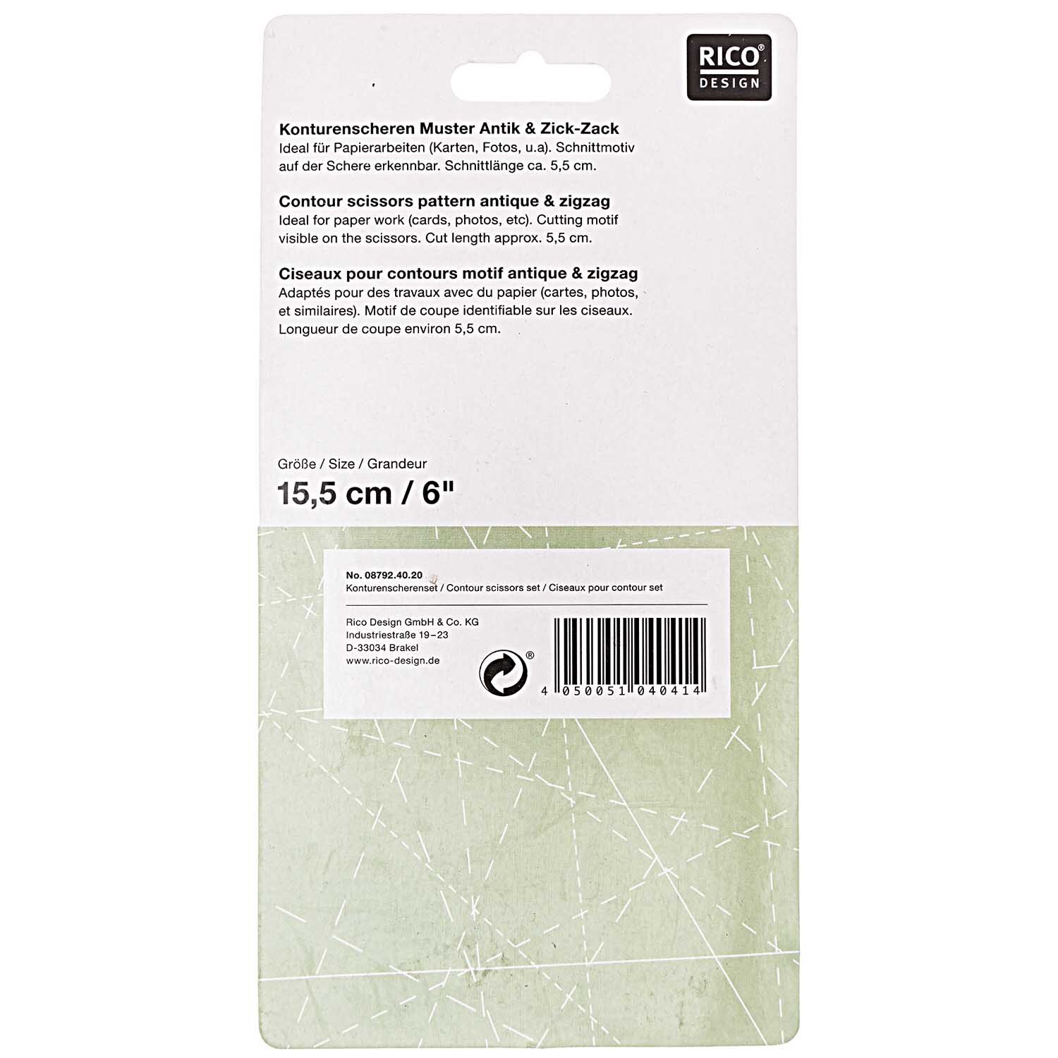 Konturenscheren Set von Rico Design, 2-teilig, auf weißem Hintergrund mit Verpackungstext.