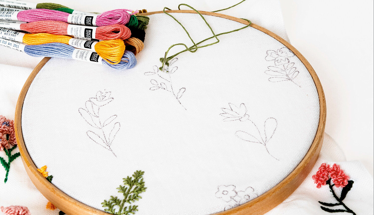 Anleitung Punch Needle Wandbehang mit Blumenwiese zeigt runden Stickrahmen mit vorgezeichneten Blumenmotiven, bunte Stickgarne und teils ausgestickte florale Details