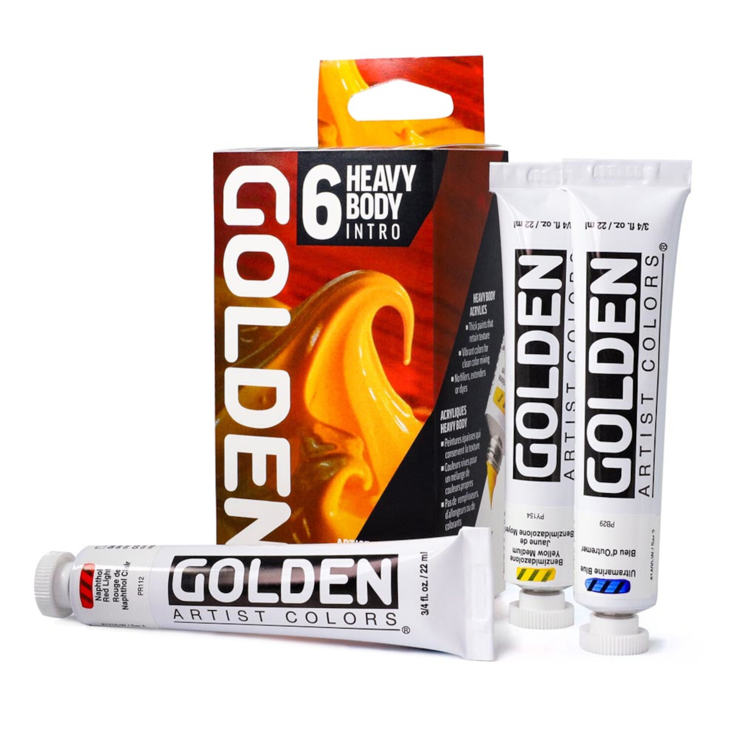 Golden Heavy Body Acrylfarbe Intro Set mit 6 Tuben à 22ml in leuchtenden Farben, ideal für Künstler.