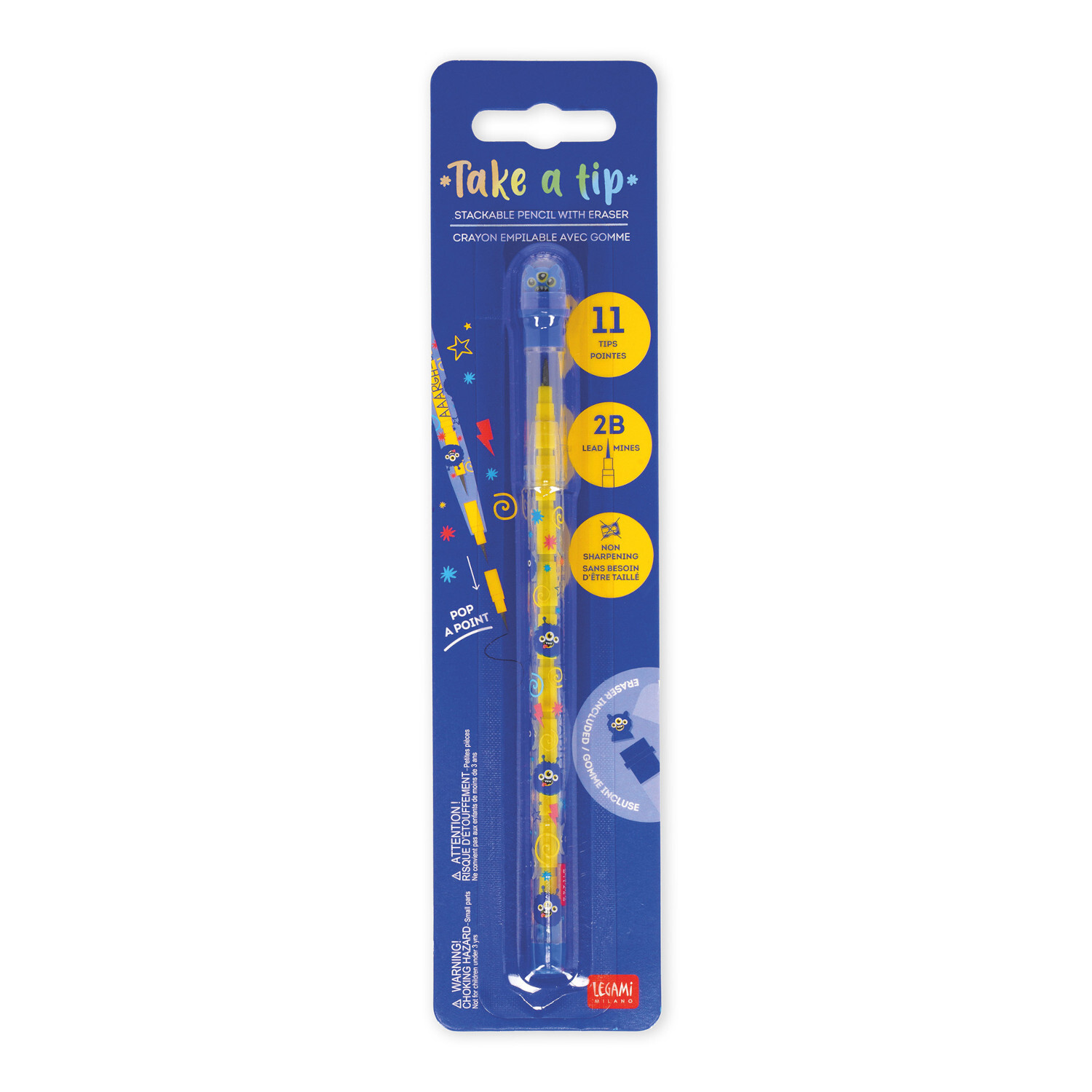 Stackable Pencils, Legami: Gelber Stift mit Monster-Design auf blauem Hintergrund, 11 Minen.