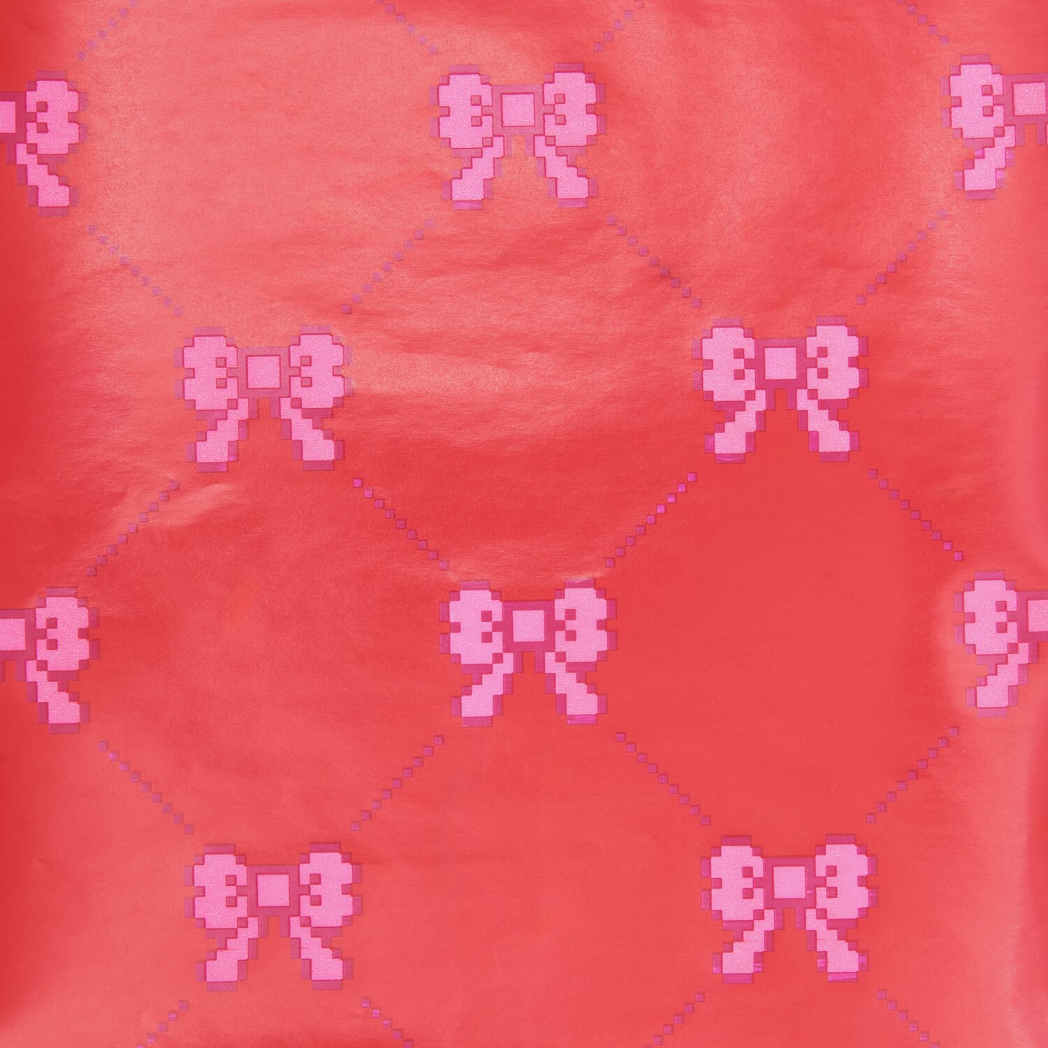 Geschenkpapier Pixel Schleifen mit rosa Schleifenmuster auf rotem Hintergrund, 70cm x 2m, 80g/m².