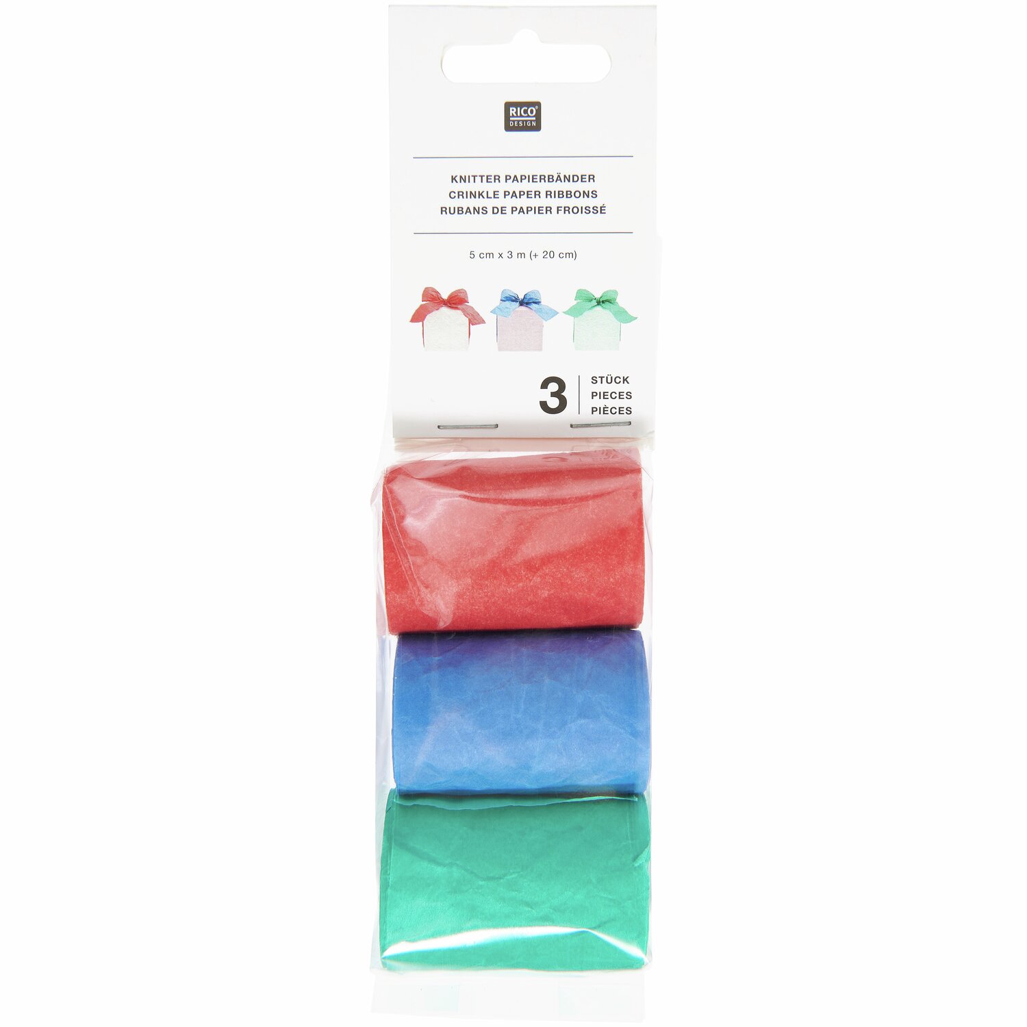 Knitter Papierbänder 3 Stück in Rot, Blau und Grün von Rico Design, ideal zum Basteln.