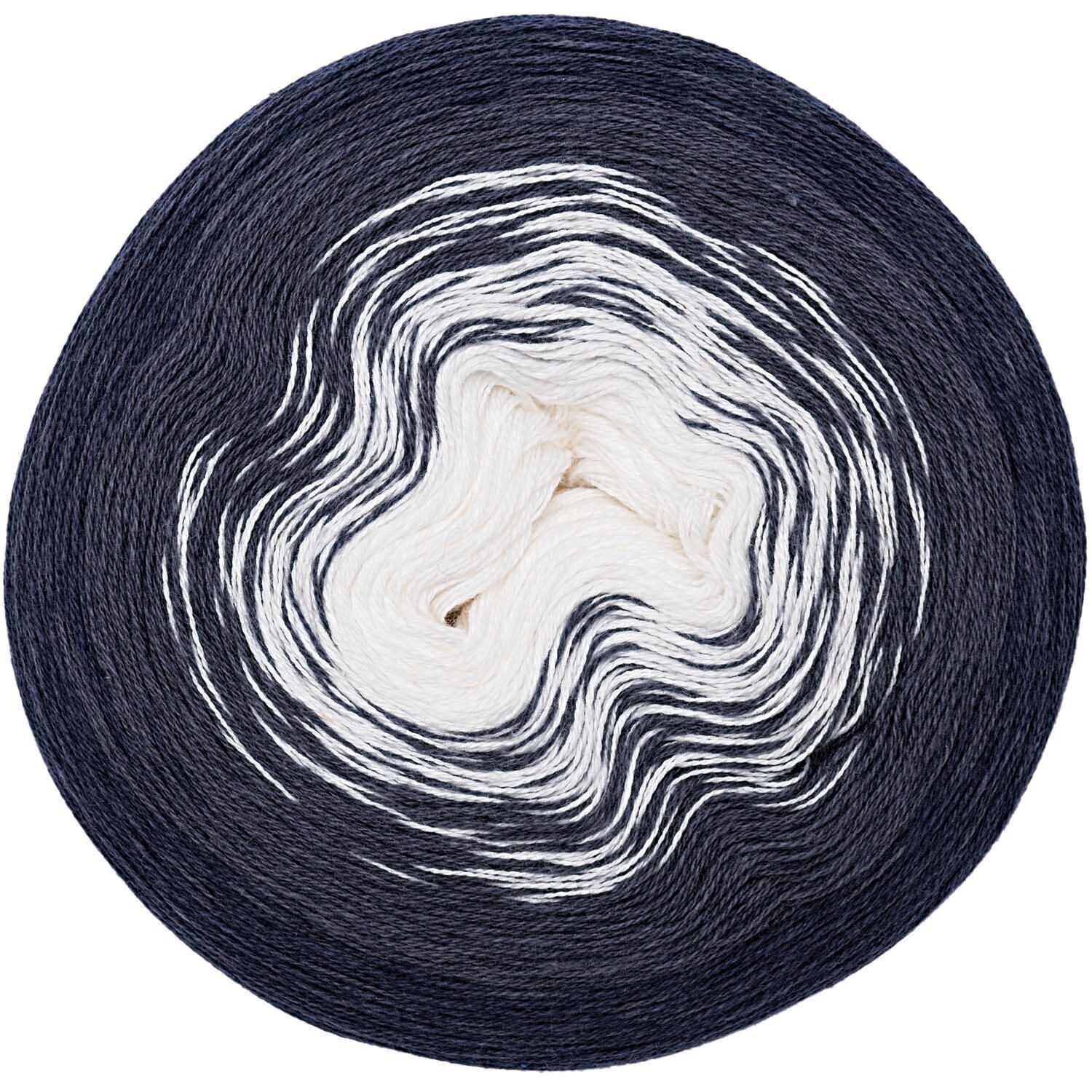 Creative Cotton dégradé von Rico Design in Marine-Weiß, 200g 800m. Das Bild zeigt ein Garnknäuel mit Farbverlauf.
