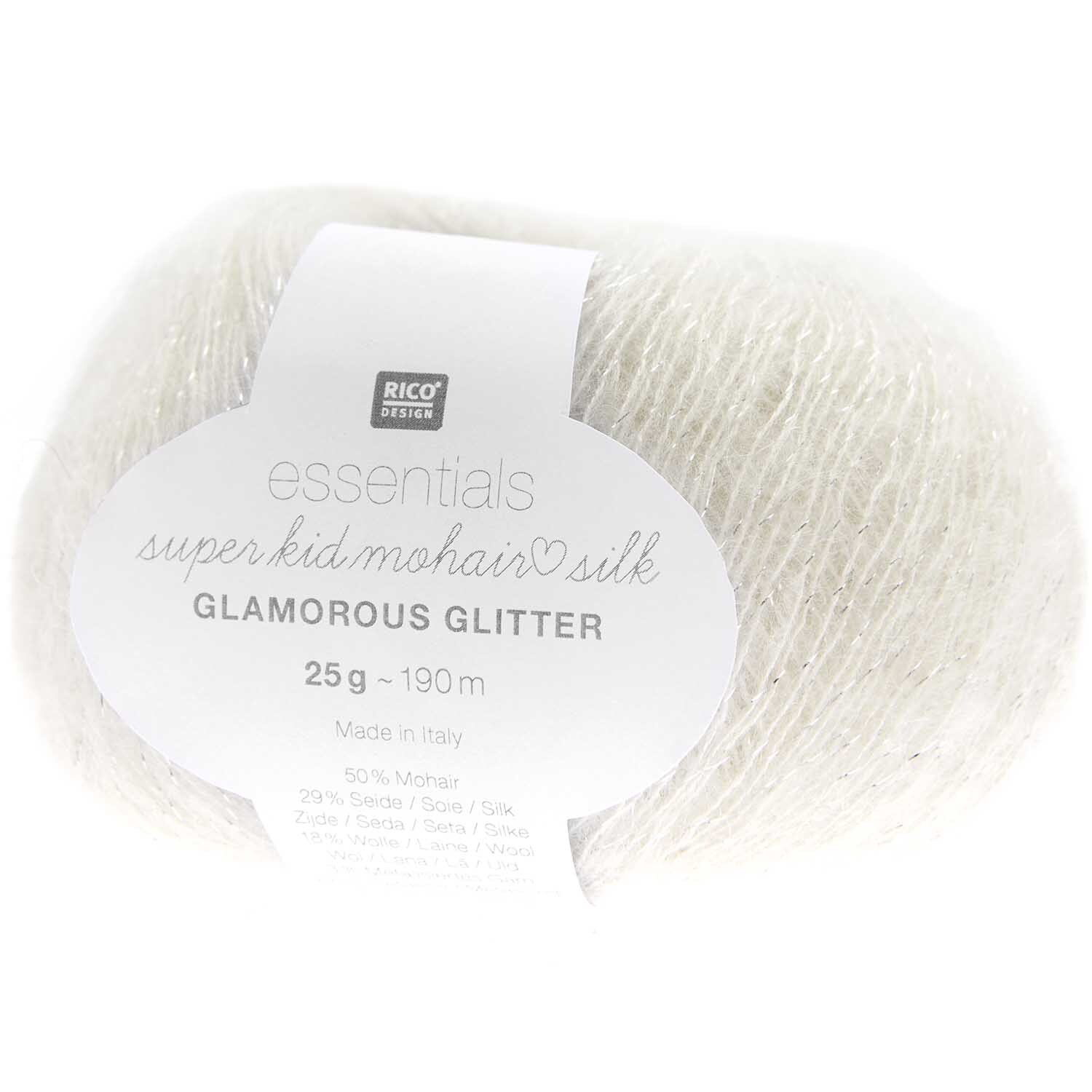 Strickset Dreieckstuch Modell 22: Weißes Garn von Rico Design, super kid mohair und Seide, 25g. Ideal für elegante Strickprojekte.
