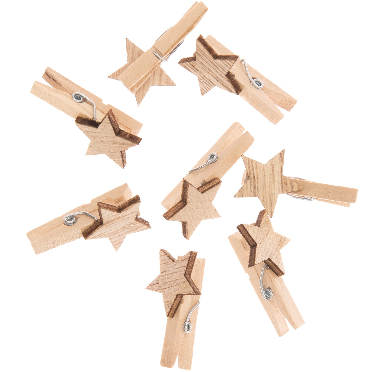 Dekoklammern Stern natur 3cm 8 Stück: Holzklammern in Sternform, ideal für kreative Dekorationen.