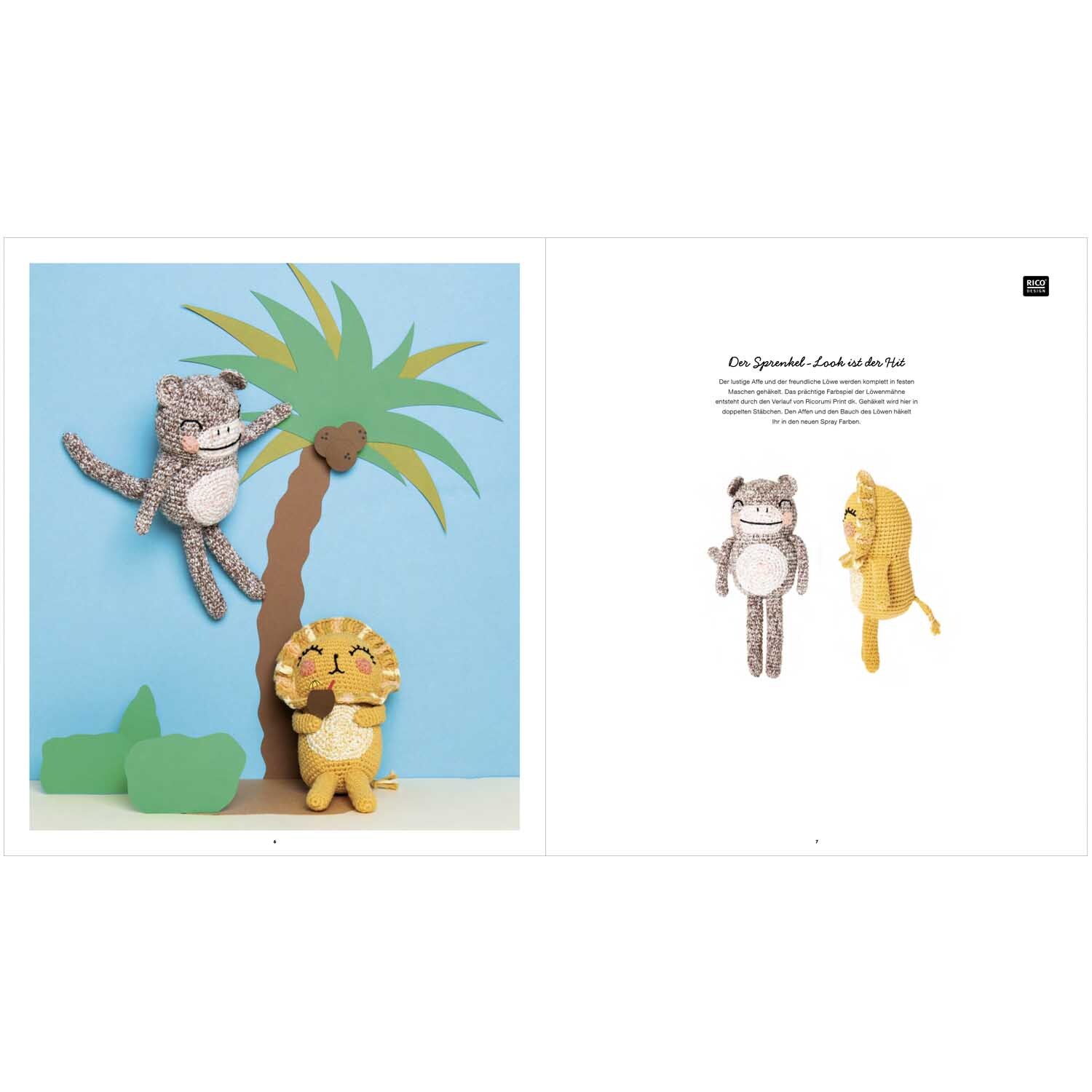 Ricorumi Wild Wild Animals: Zwei gehäkelte Tiere, ein Affe und ein Löwe, klettern an einer Palme. Ideal für kreative Handarbeitsprojekte.