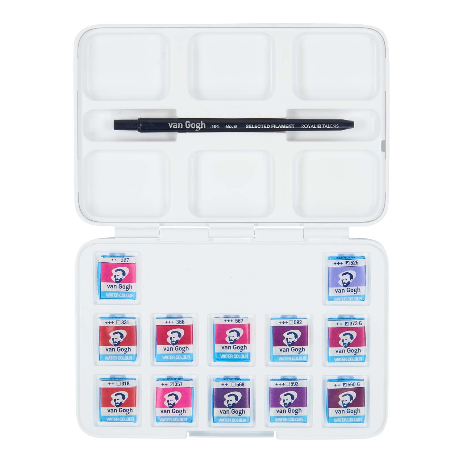 Aquarell Set Rosa-Violett 12 Näpfchen von van Gogh, offene Box mit 12 Farbnäpfchen und Pinsel.