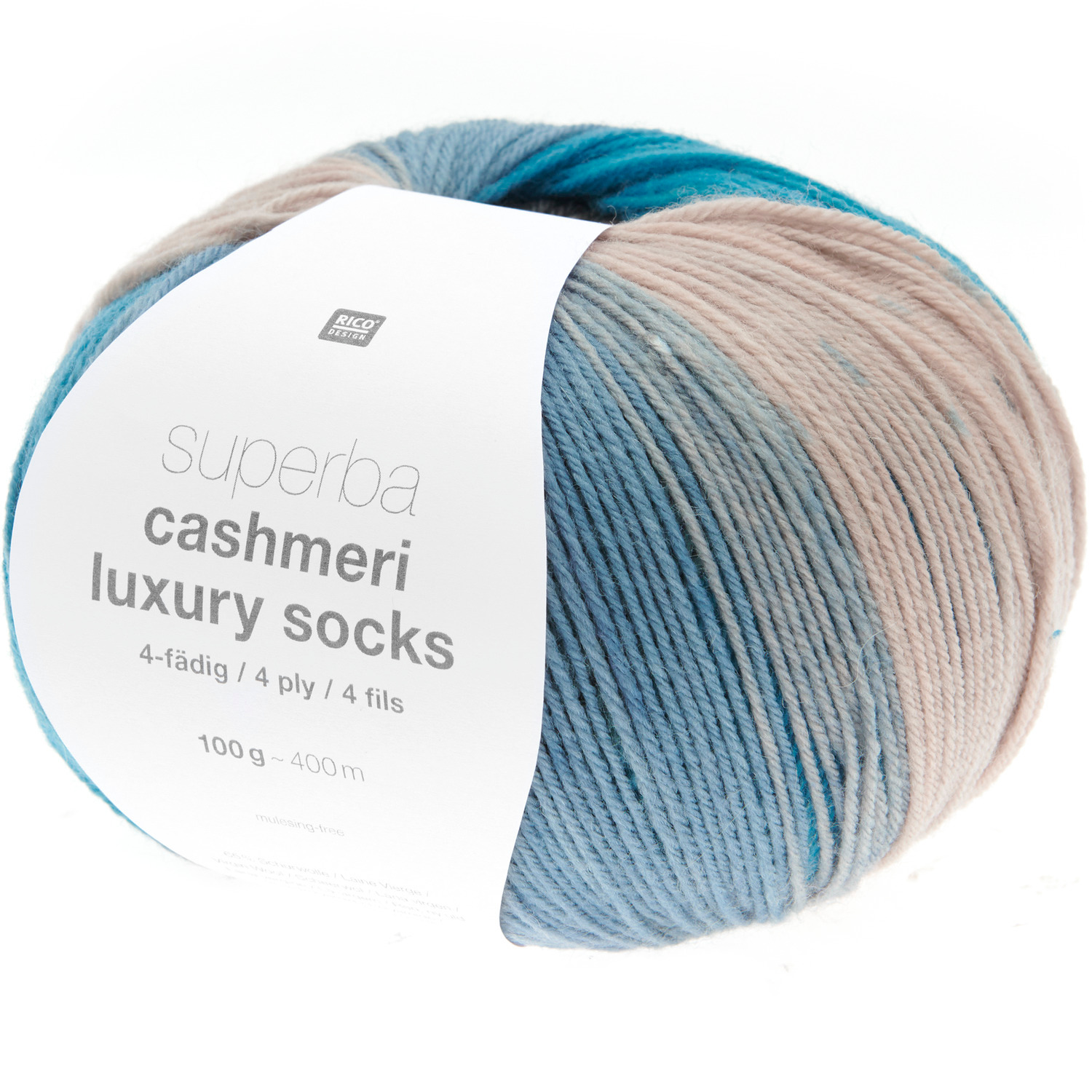 Superba Cashmeri Luxury Socks, 4-fädig, in sanften Blau- und Beigetönen, 100g, 400m.