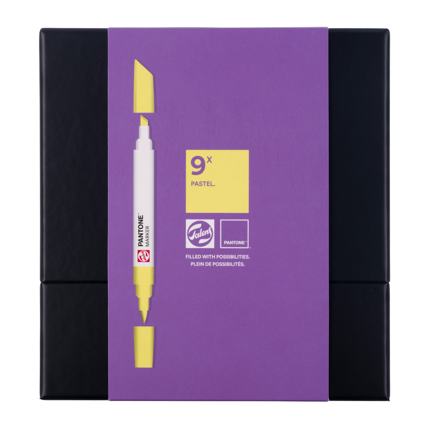 Talens | Pantone Marker Set pastel, 9-teilig, auf lila Hintergrund mit gelbem Marker abgebildet.
