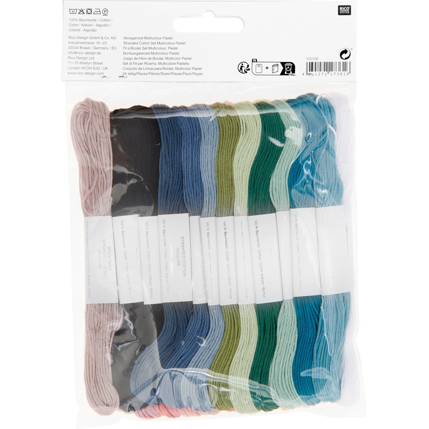 Stickgarn Set Multicolour Pastell, 24-teilig, zeigt farbenfrohe Garnstränge von Rico Design.