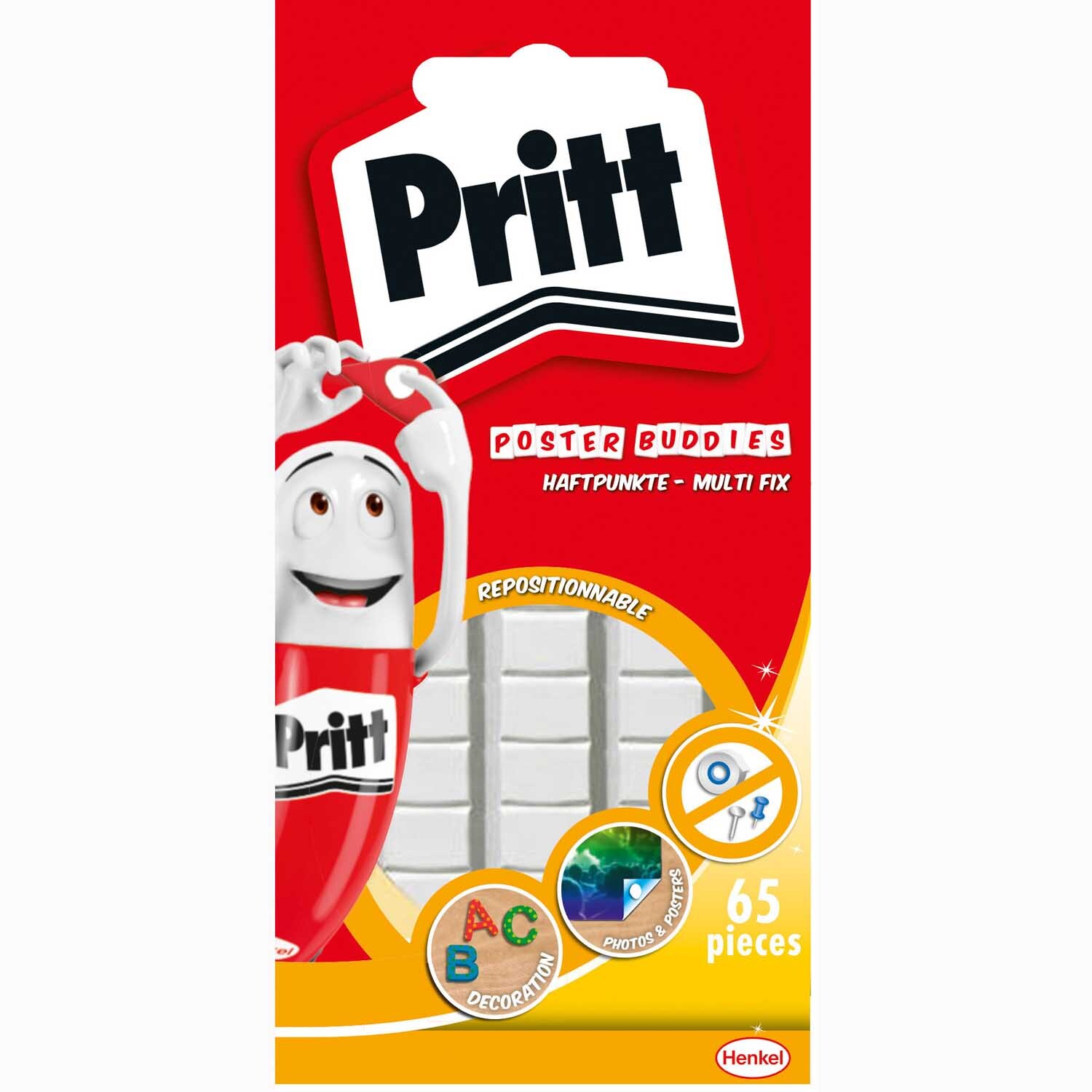 Multi-Fix Haftpunkte 55 Stück von Pritt, abgebildet in einer roten Verpackung mit Maskottchen. Ideal für Dekorationen und Poster.