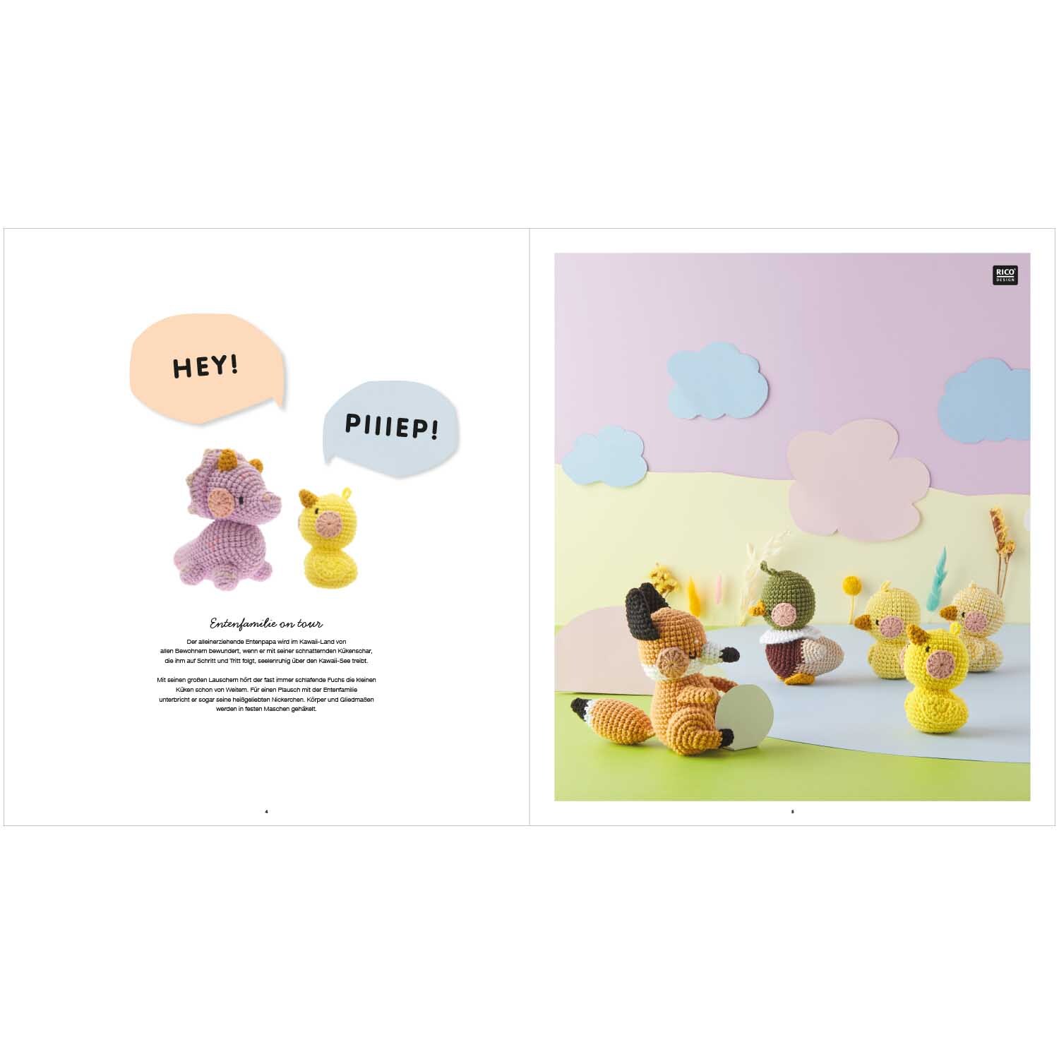 Ricorumi Cute, Cuter, Kawaii deutsch: Bunte, gehäkelte Tiere in einer pastellfarbenen Landschaft.
