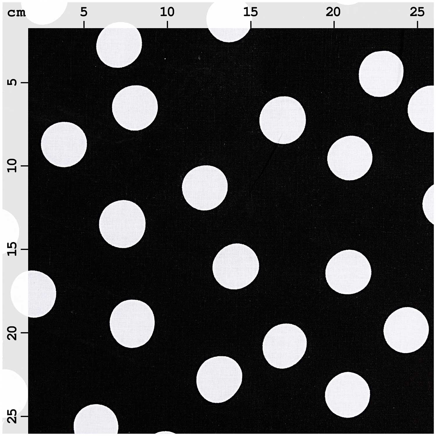 Stoff schwarz Punkte groß weiß 140cm von Rico Design zeigt ein Muster aus großen weißen Punkten auf schwarzem Hintergrund.