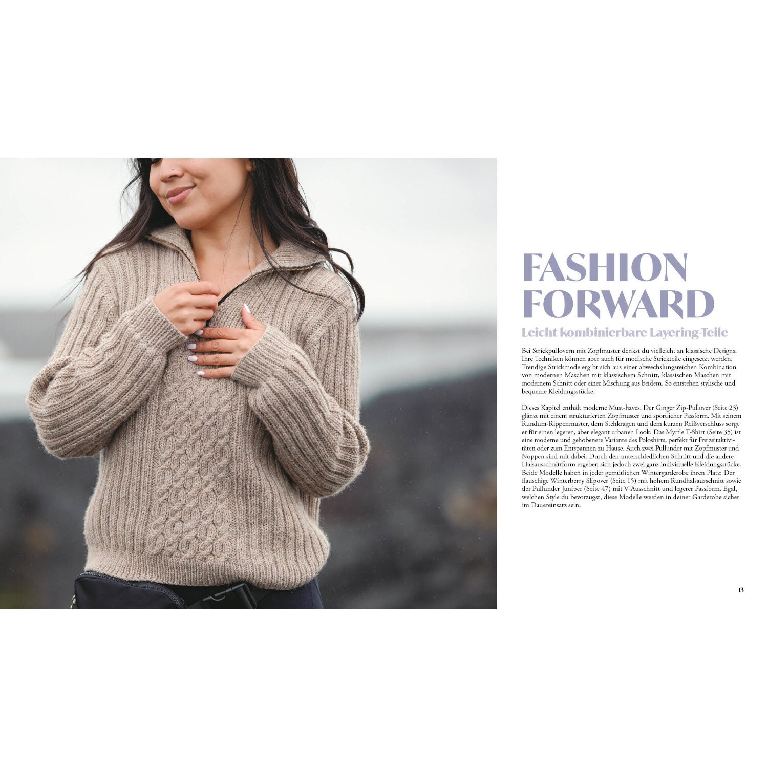 Moderne Zopfmuster stricken: Frau in beigem Strickpullover mit Zopfmuster vor unscharfem Hintergrund.