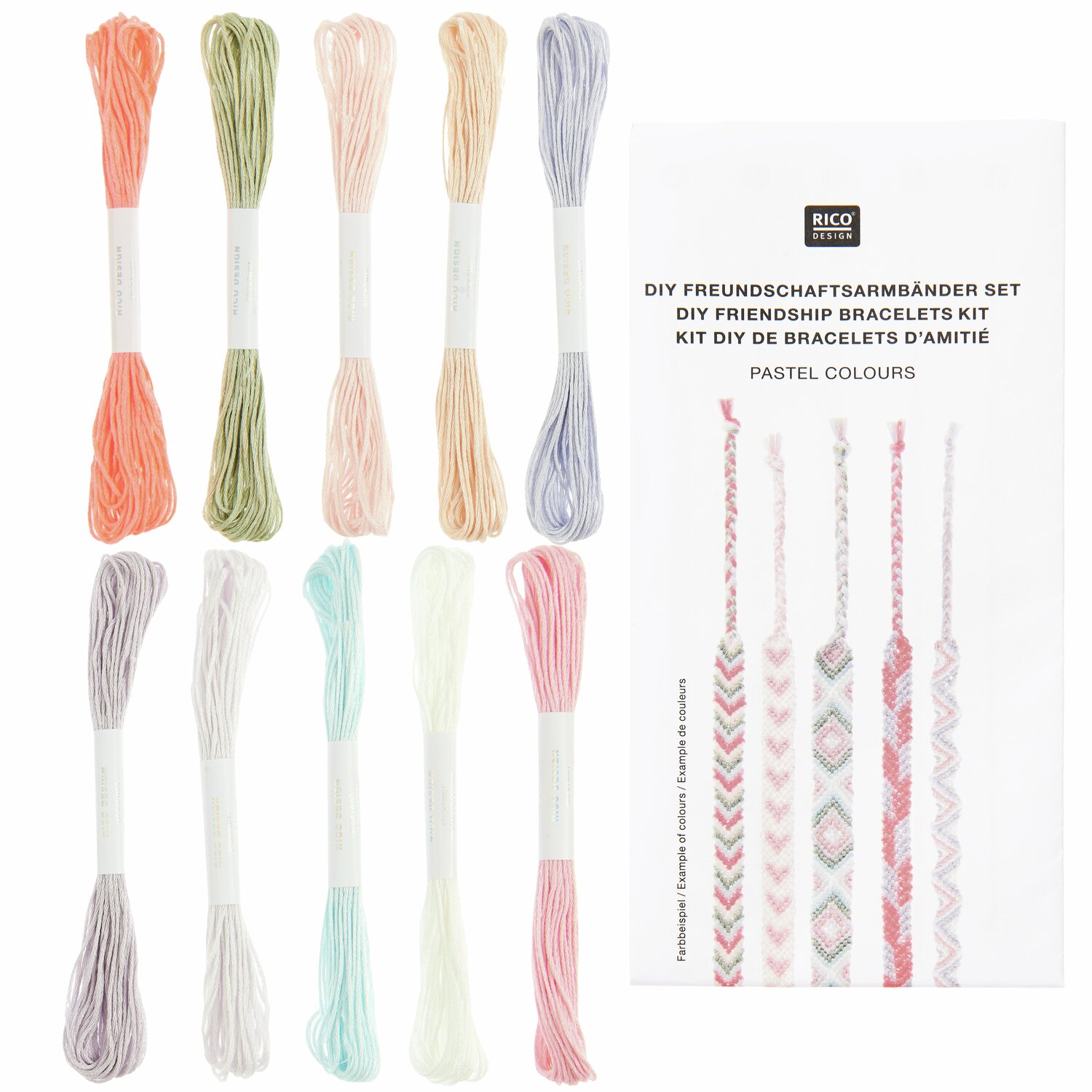 DIY Freundschaftsarmbänder Set Pastel Colours: Bunte Fäden in Pastelltönen von Rico Design für kreative Armbänder. Ideal für Bastelprojekte.