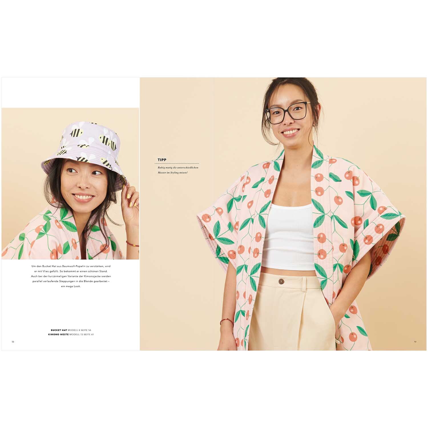 Das Rico Nähbuch Just Bees + Fruits + Flowers zeigt eine Frau in einem fruchtigen Kimono und Hut. Ideal für kreative Nähprojekte.